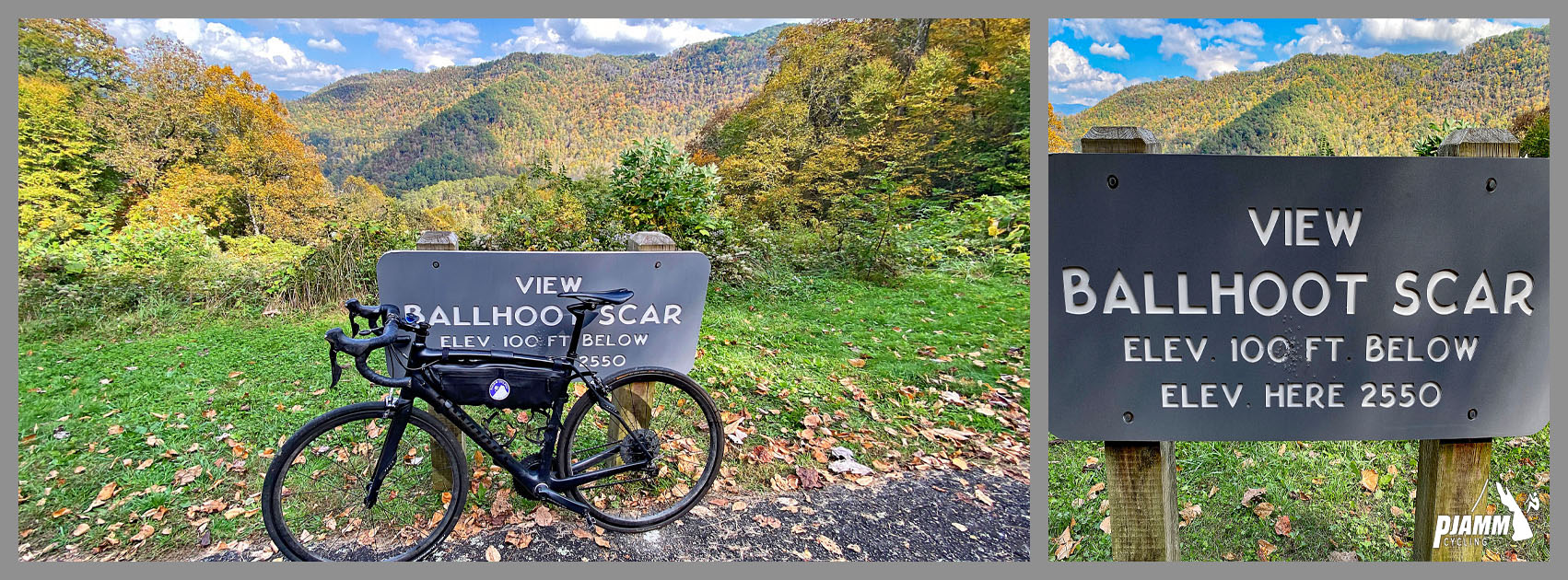 Cycling Blue Ridge Parkway -- Cherokee Hill - bike parked in front of scenic overlook sign reading "View Ballhoot Scar," fall foliage on hillsides beyond