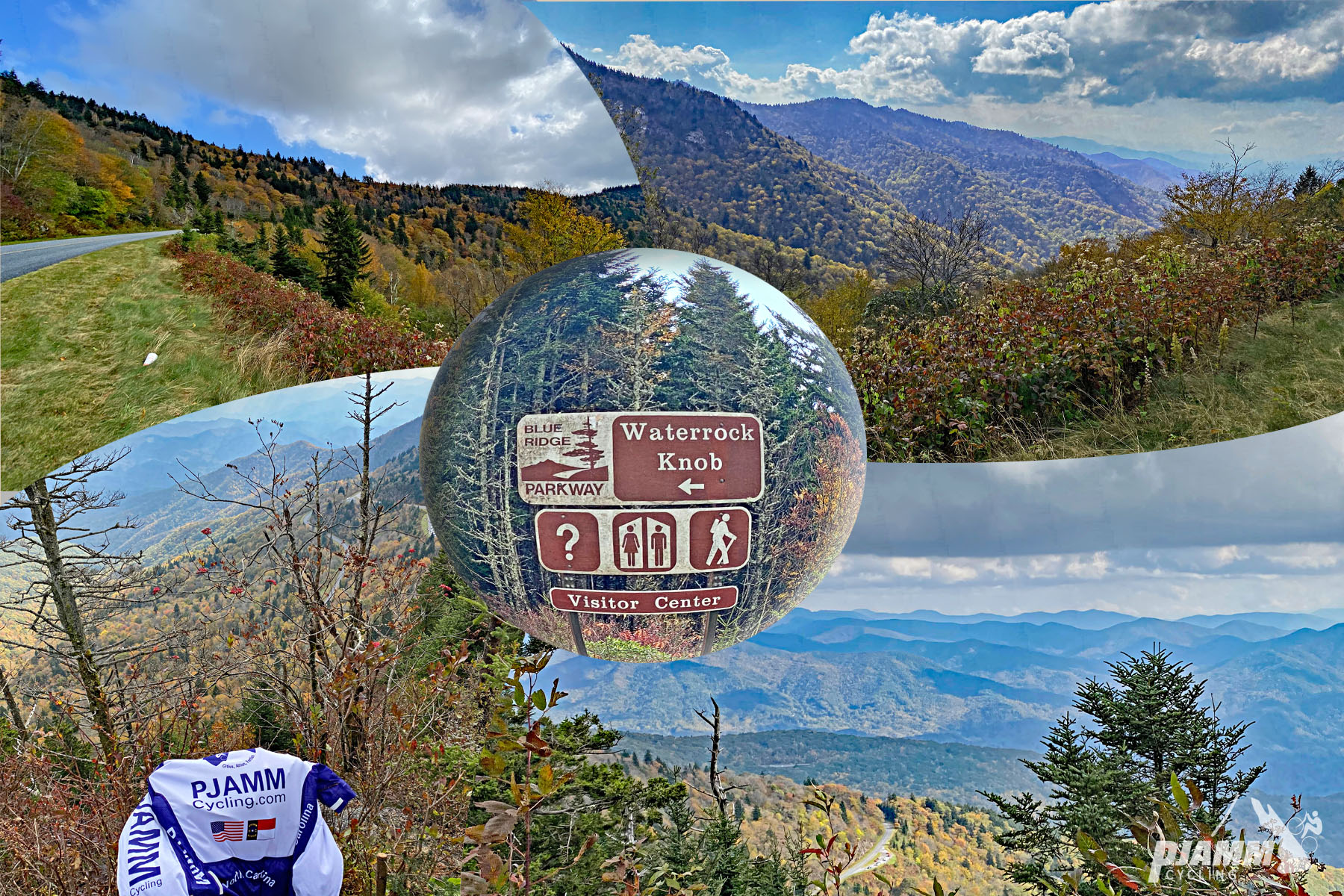 Cycling Waterrock Knob from Highway 19, North Carolina - Blue Ridge Parkway, hiking signs for Waterrock Knob trails and visitor center, BRP