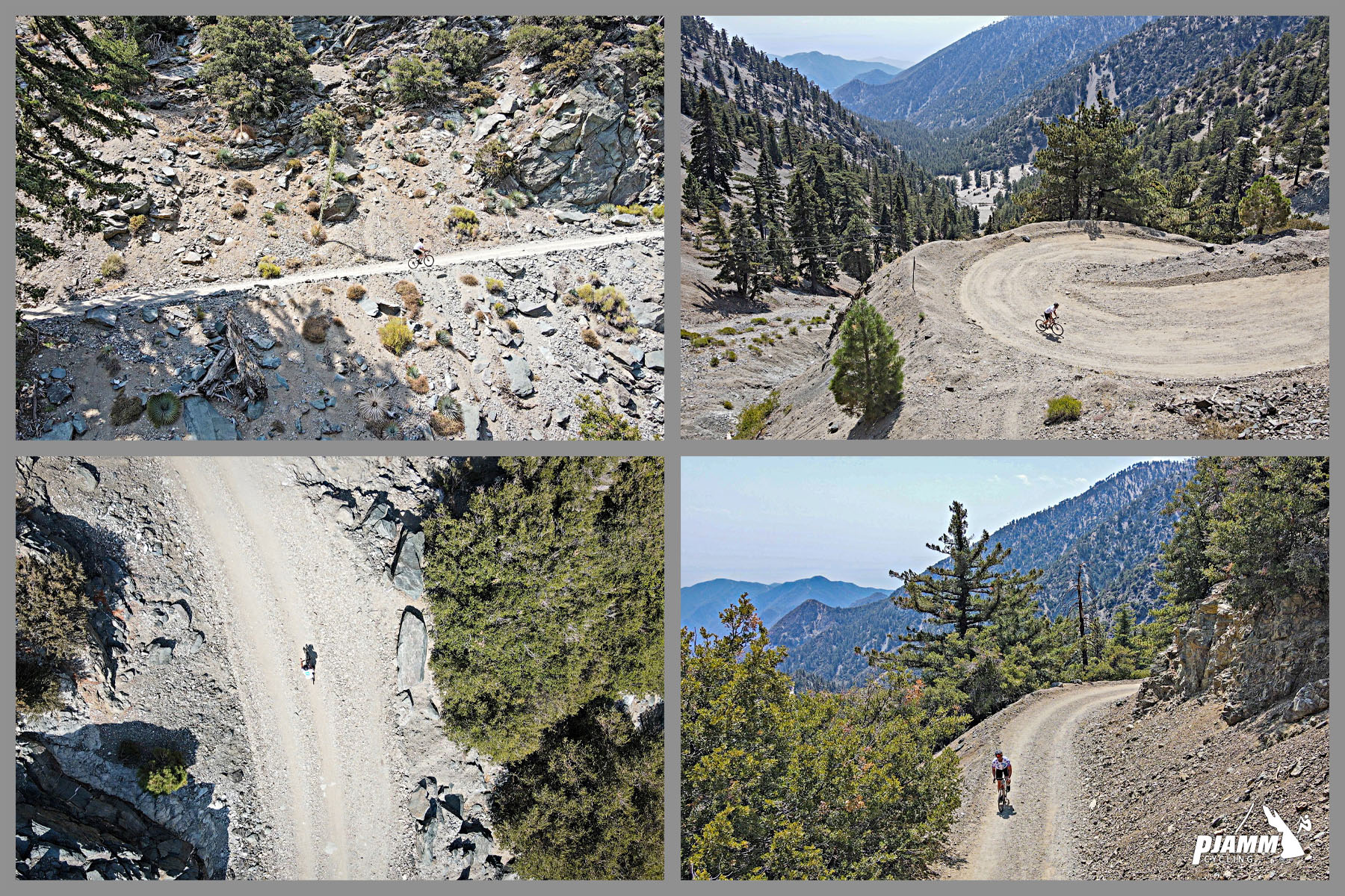 Photo collage shows drone photos of PJAMM Cyclist riding up the 2.8 mile segment of gravel road on the Mt. Baldy bike climb