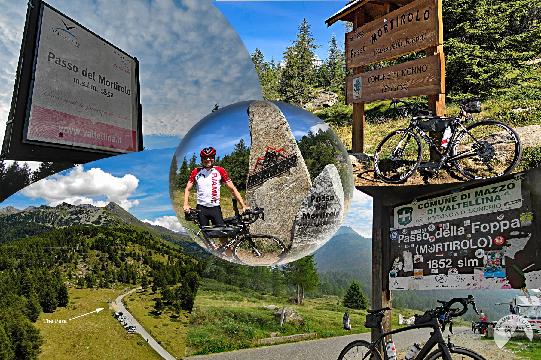 top of climb, multiple signs marking it as a mountain pass