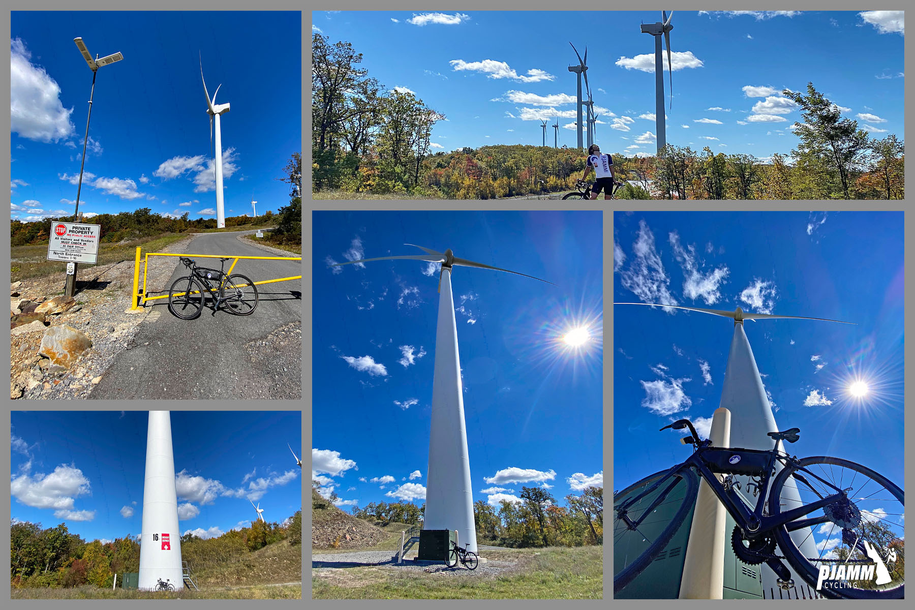 Cycling Woodland Lane, West Virginia - climb finish at Mount Storm Wind Farm, huge, white windmills everywhere