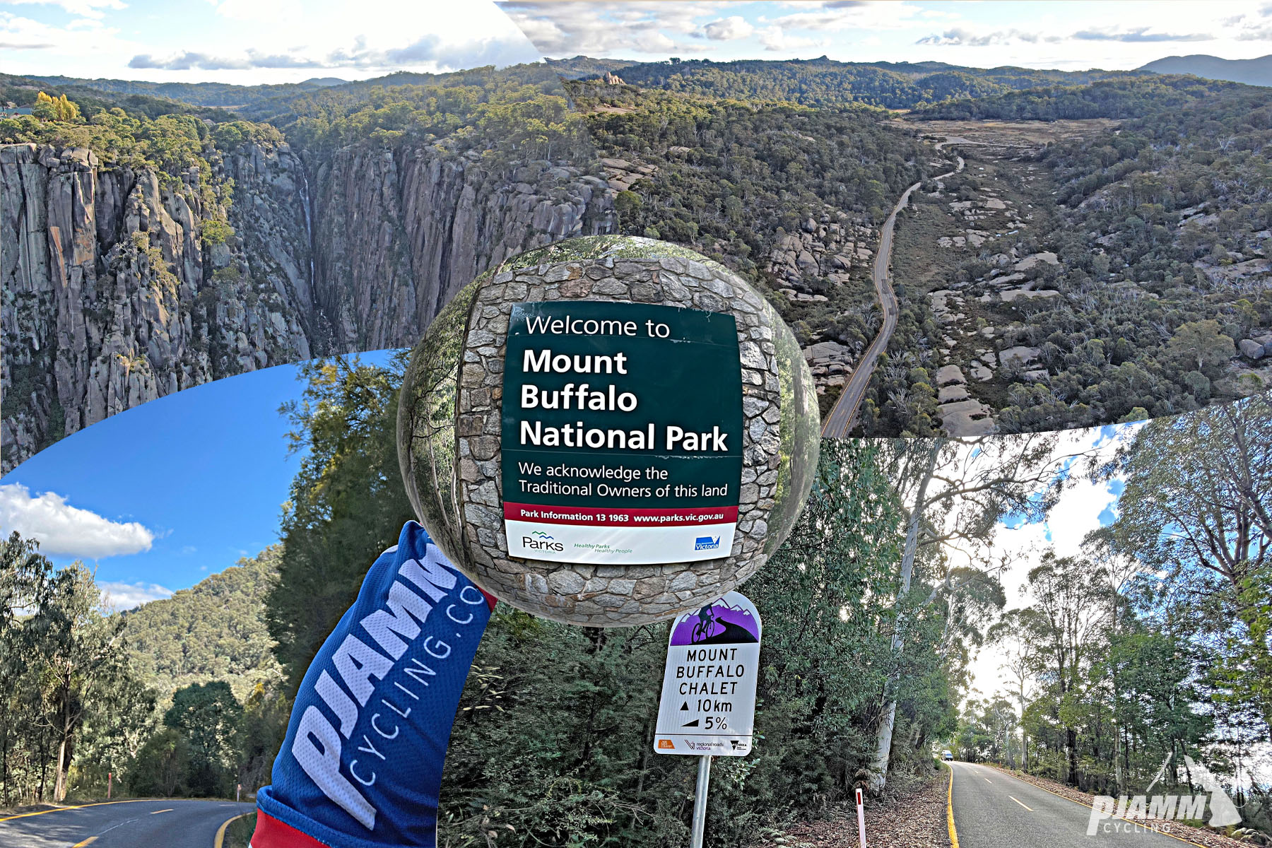 sign says "Welcome to Mount Buffalo National Park," views along the climb including huge rock walls