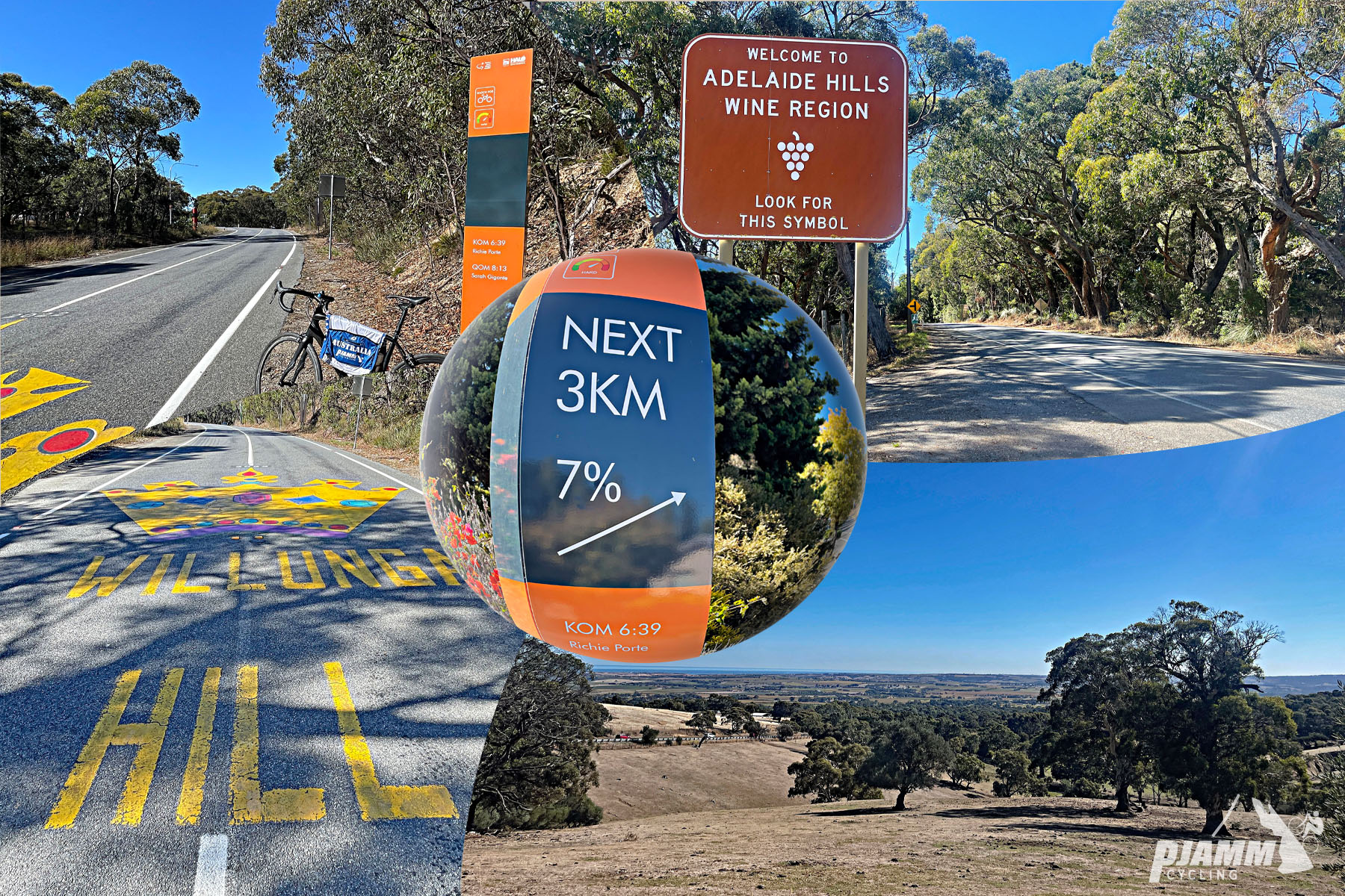 Cycling Old Willunga Hill Road, South Australia photo collage; Adelaide Hills Wine Region; signs from Tour Down Under