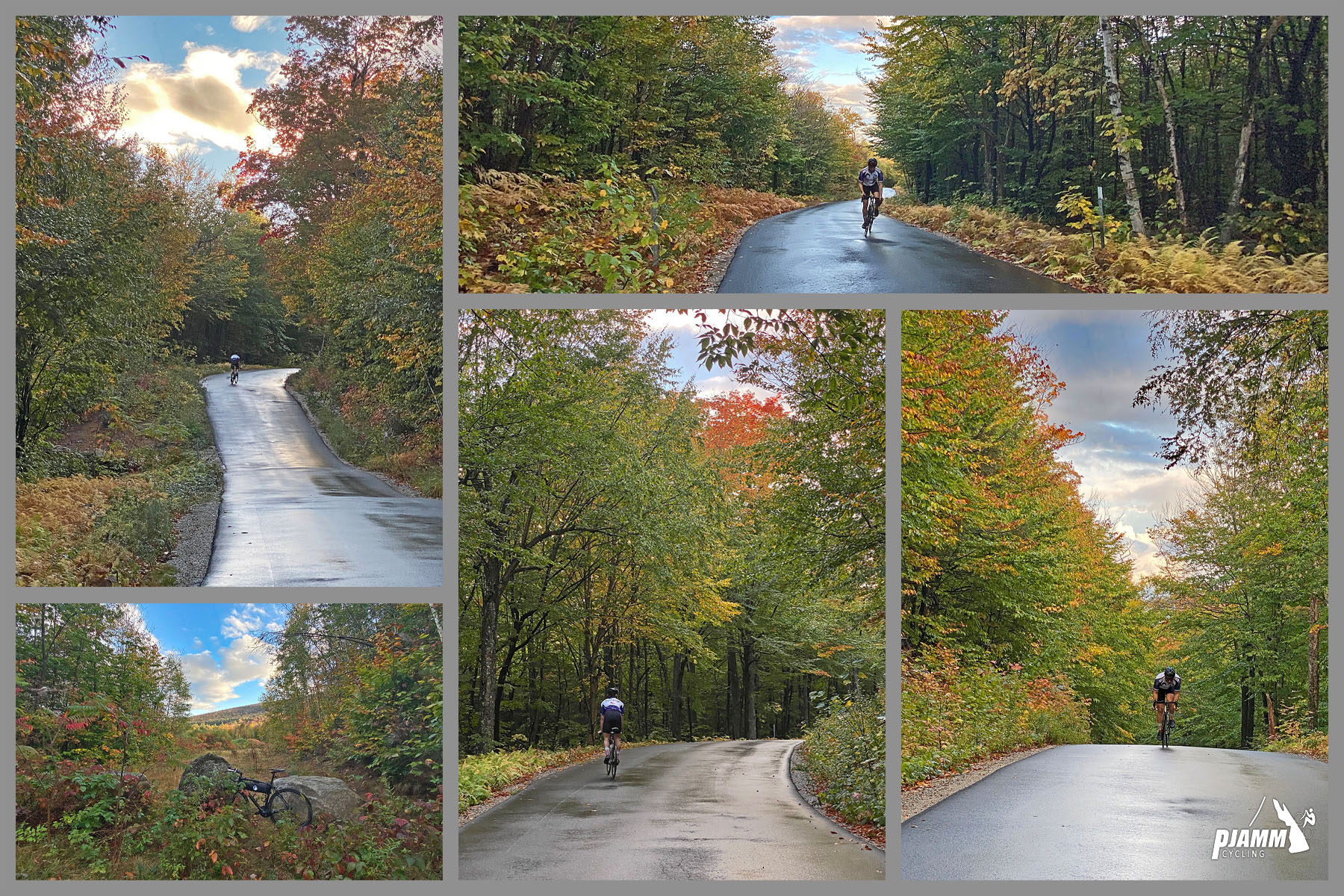 Cycling Hurricane Road East, New Hampshire - cyclist riding on one-lane, wet, pristinely paved roadway surrounded by thick forestation, PJAMM Cycling logo in corner