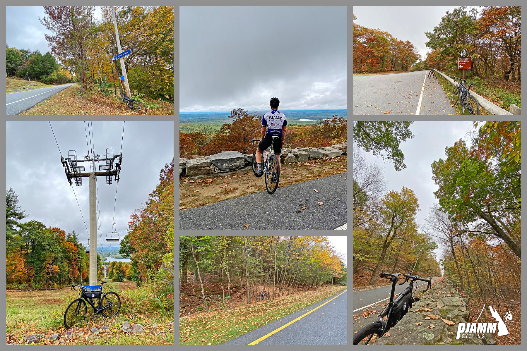 Cycling Wachusett Mountain East, Massachusetts Cycling Wachusett Mountain East, Massachusetts - fall foliage, bike parked under ski lift, PJAMM Cycling logo in corner
