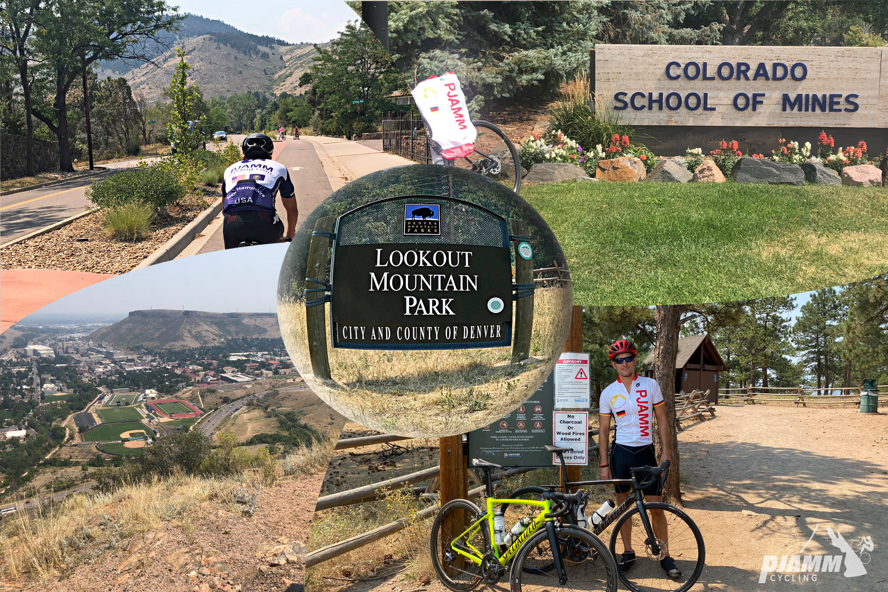 Cycling Lookout Mountain, Colorado - photo collage, PJAMM Cycling logo in corner, cyclist riding on road toward mountains, sign for Colorado School of Mines, Cyclist wearing PJAMM Cycling jersey standing with bikes next to sign, view4 of town looking down from above, sign for Lookout Mountain Park 
