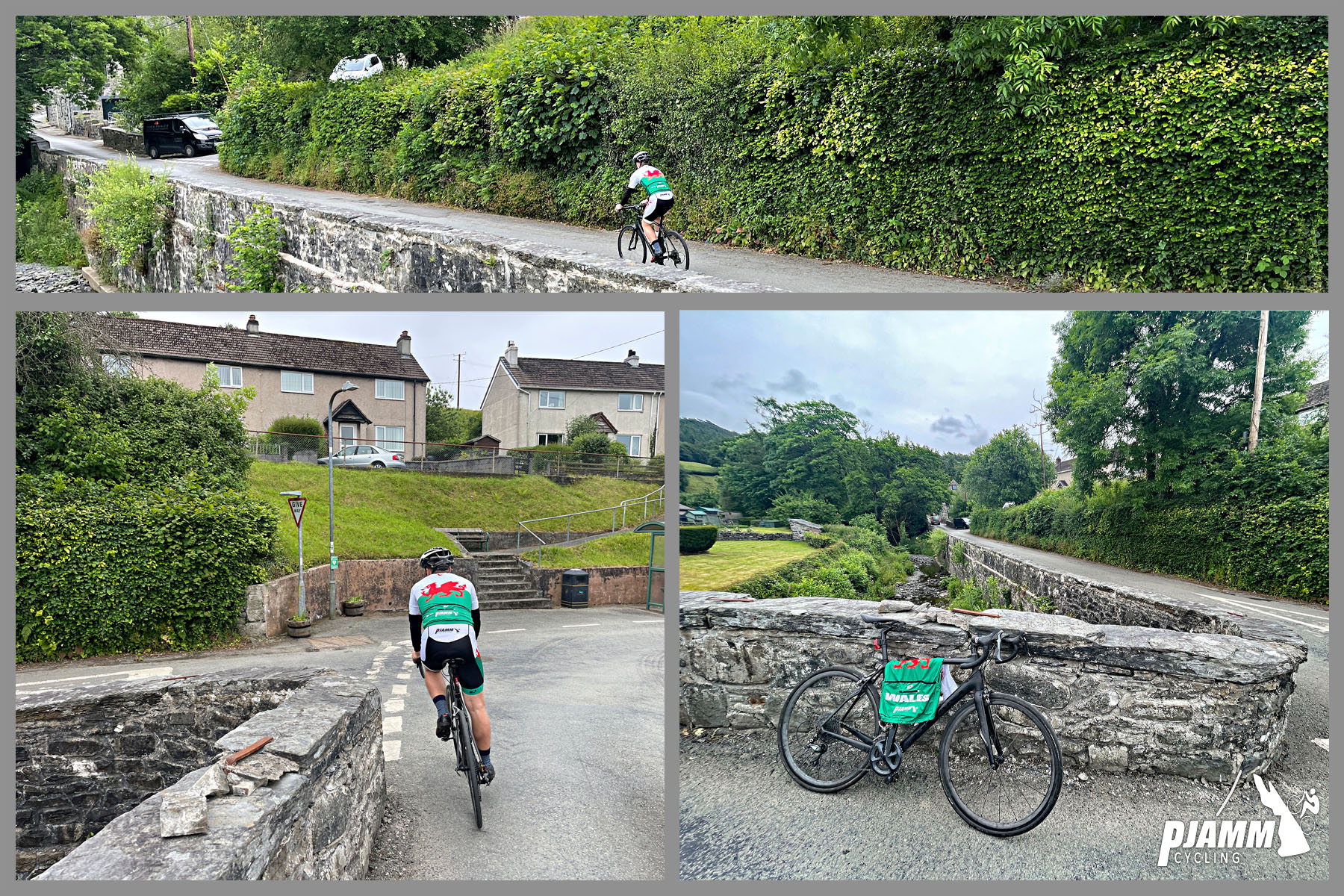 PJAMM Cyclist rides along roads lined with stone walls and ivy hedges