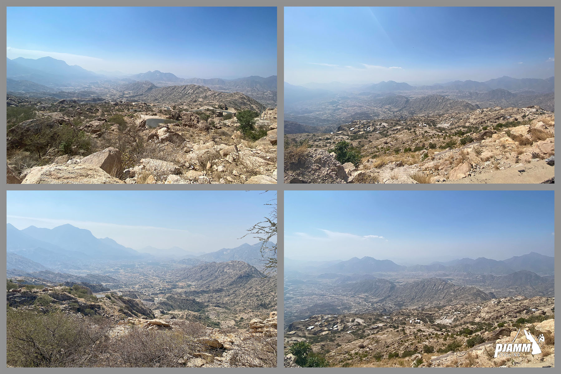 Cycling Parmah Pass, Saudi Arabia  - photo collage shows views down the mountain toward starting location, high desert landscape, town can be seen in the distance, low scrub plants and white rocks