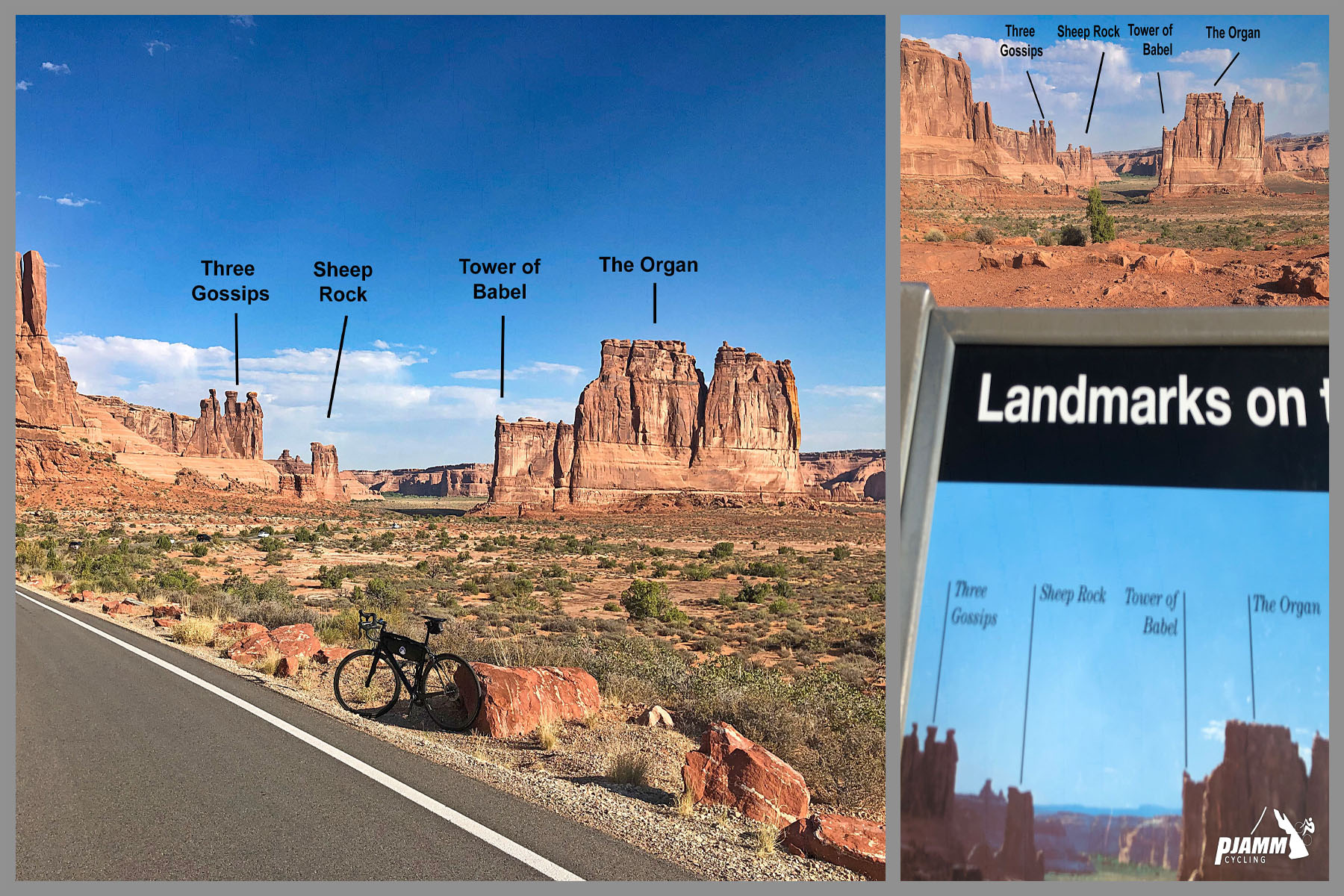 Cycling Arches National Park, Moab, Utah - photo collage, PJAMM Cycling logo in corner, bike parked on roadway overlooking famous rock formations: Three Gossips, Sheep Rock, Tower of Babel, and The Organ