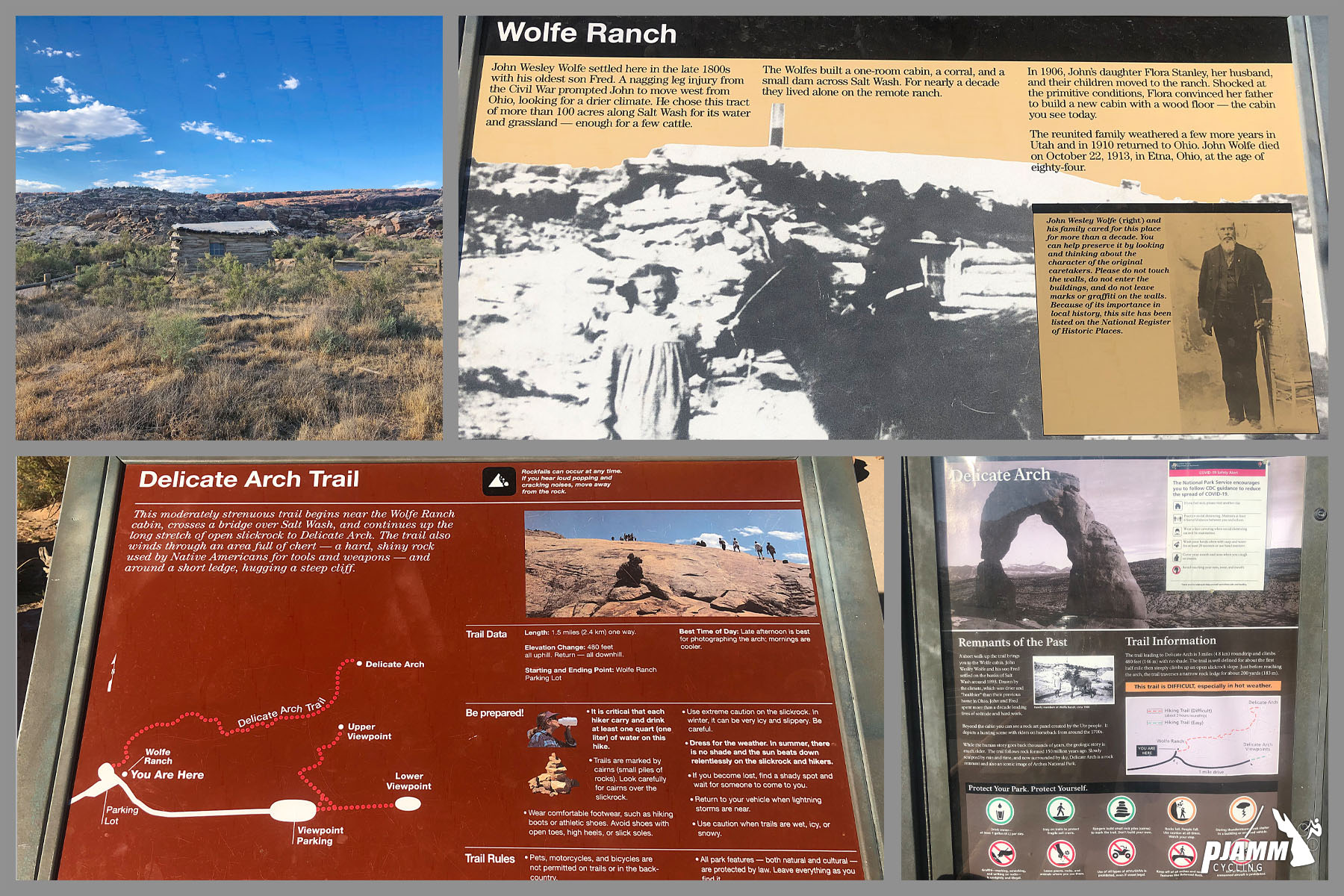 Cycling Arches National Park, Utah - photo collage, PJAMM Cycling logo in corner, various informational signs at Delicate Arch Trail