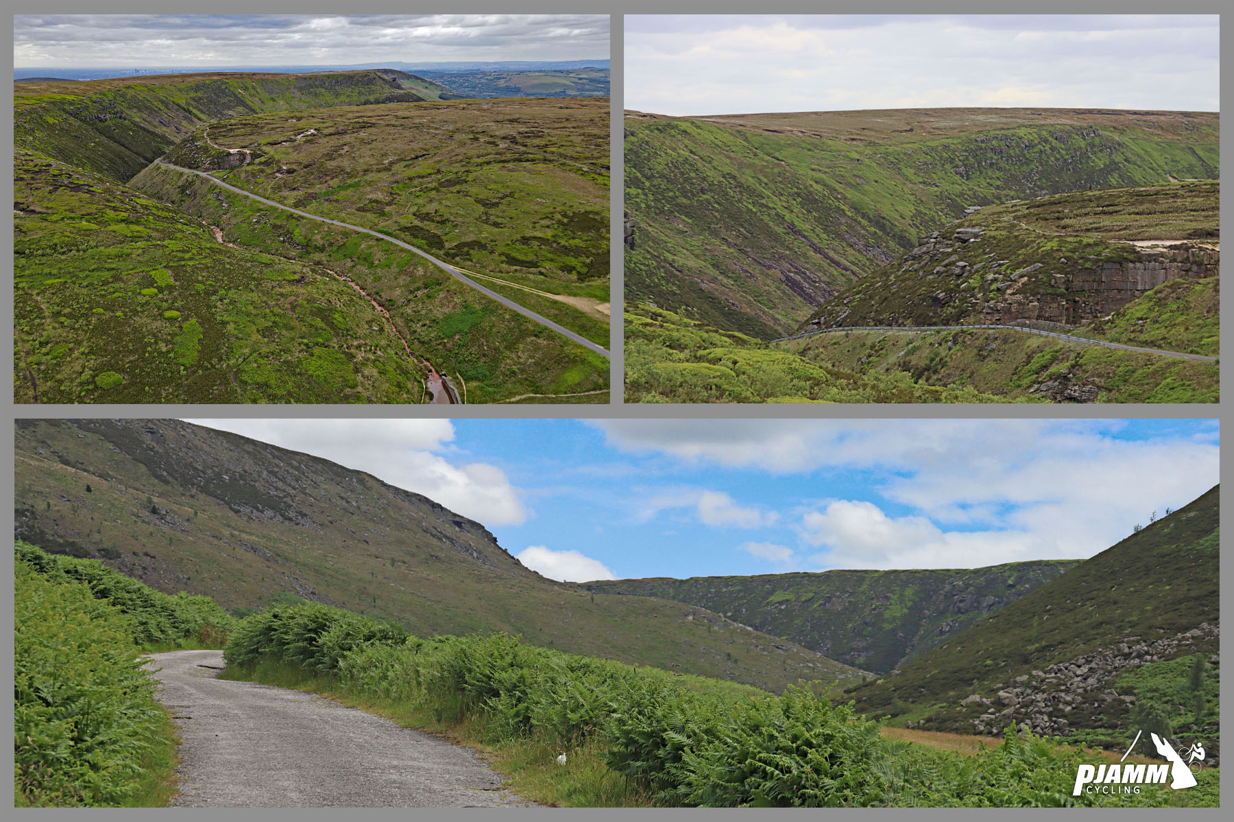 aerial photos of final leg of climb, green hillsides with gravel roadway