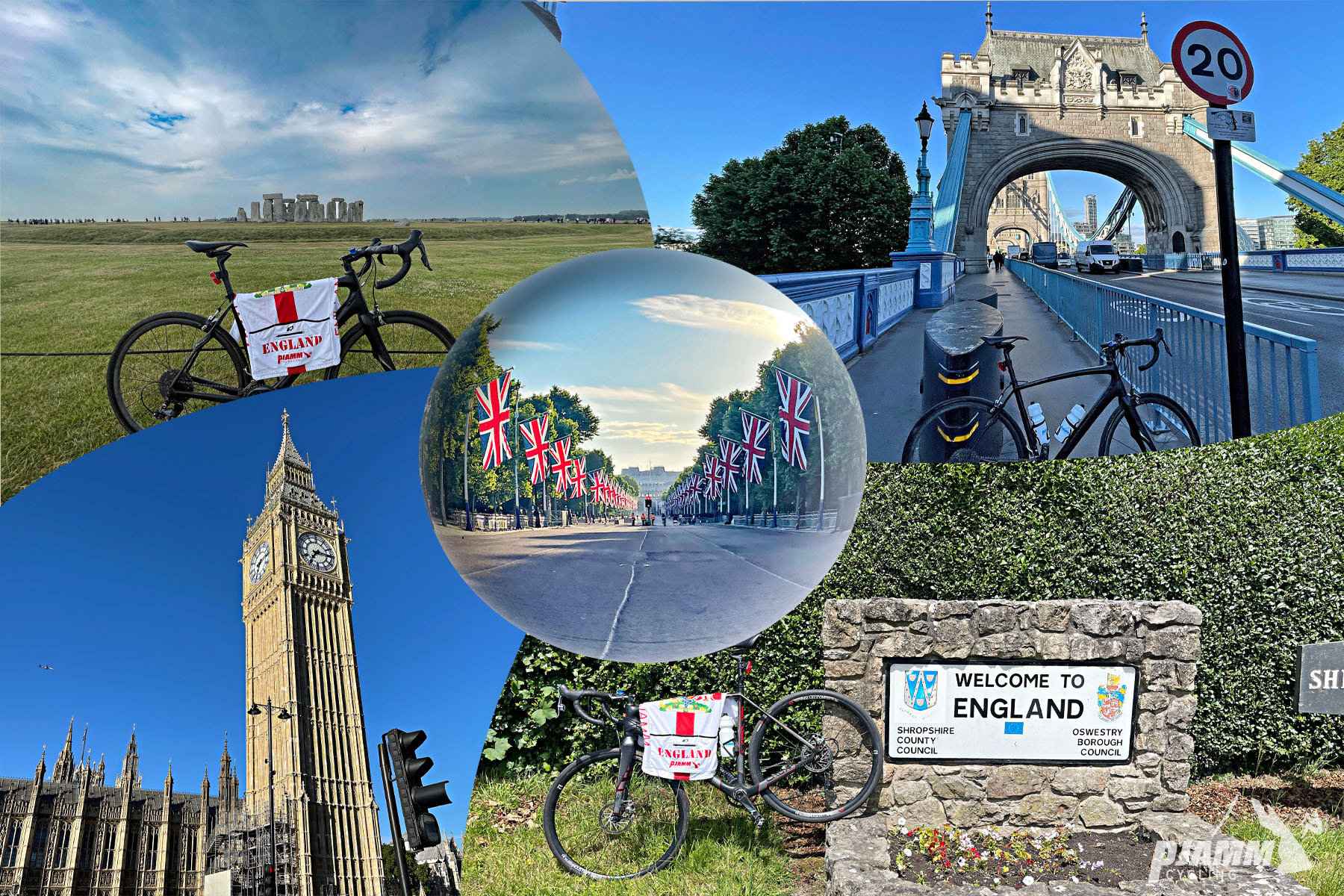 Photo collage shows bike parked in front of "Welcome to England" sign, road lined with British flags, Big Ben
