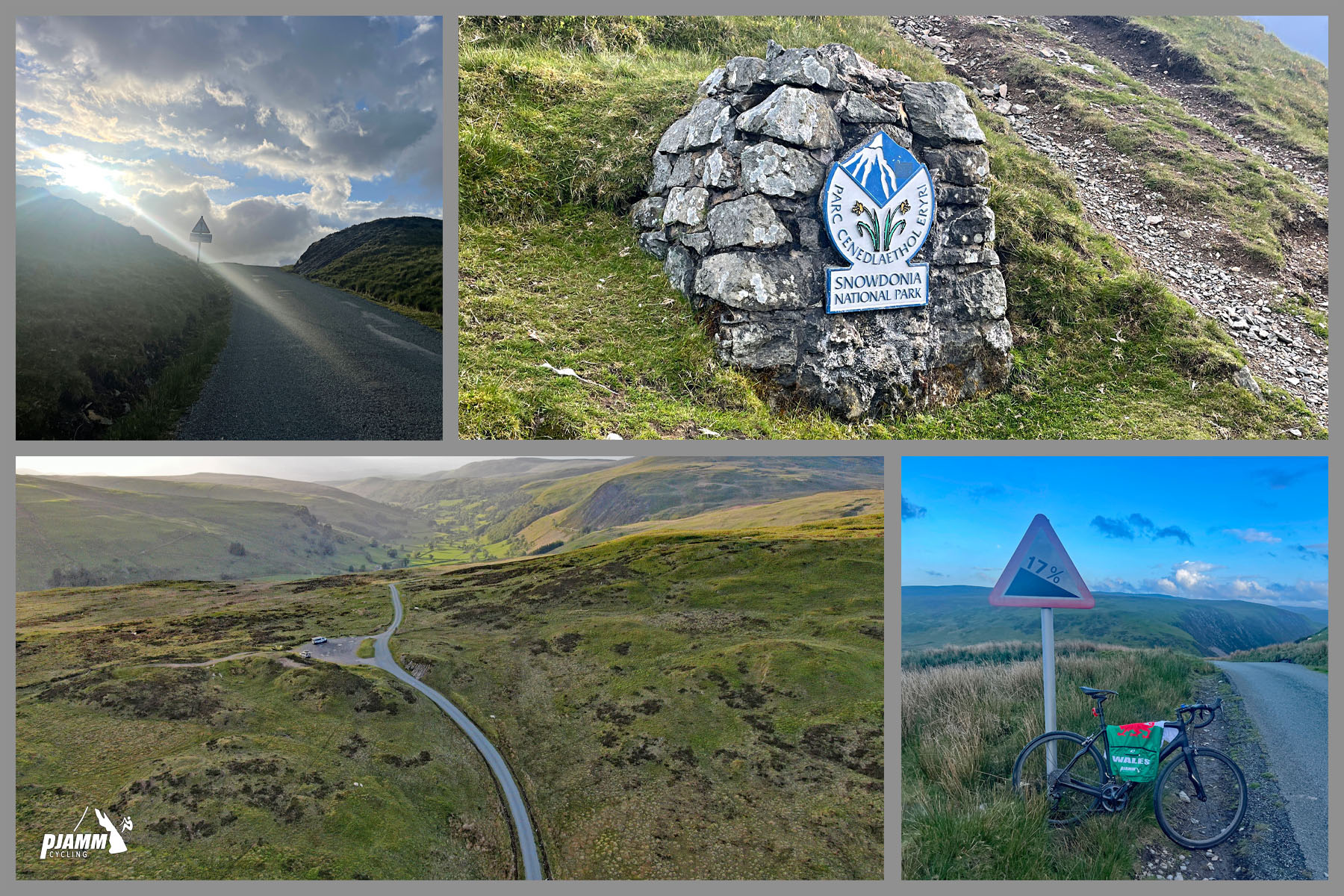 photo collage, aerial drone view of roadway surrounded by green pastureland, bike parked next to sign for 17% grade