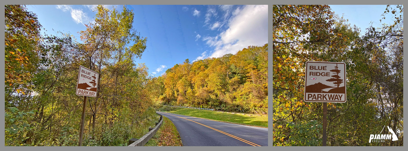 Cycling Blue Ridge Parkway to Craggy Gardens - signs for Blue Ridge Parkway on stretch of two-lane pristine roadway surrounded by dense fall foliage and bright blue sky