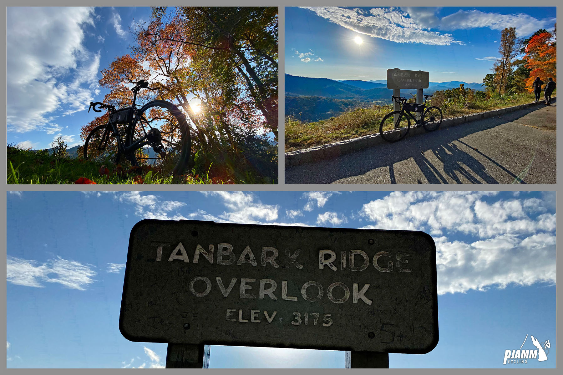 Cycling Blue Ridge Parkway to Craggy Gardens - photo collage, sign for Tanbark Ridge Overlook, bike parked in silhouette against bright blue sky and bright orange fall foliage, panoramic views of Blue Ridge Mountains looking out from overlook, PJAMM Cycling logo in corner