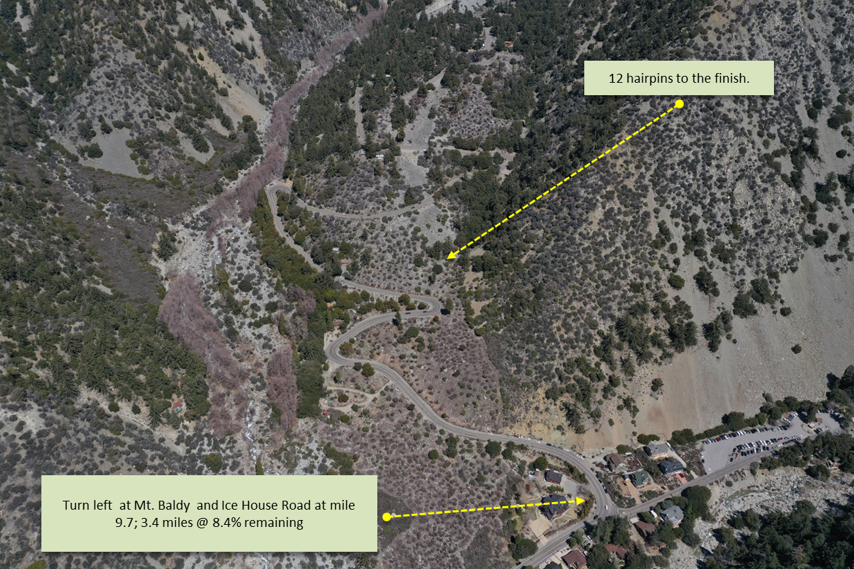 Cycling Southern California - Mt. Baldy, aerial view  of hairpins along the climb