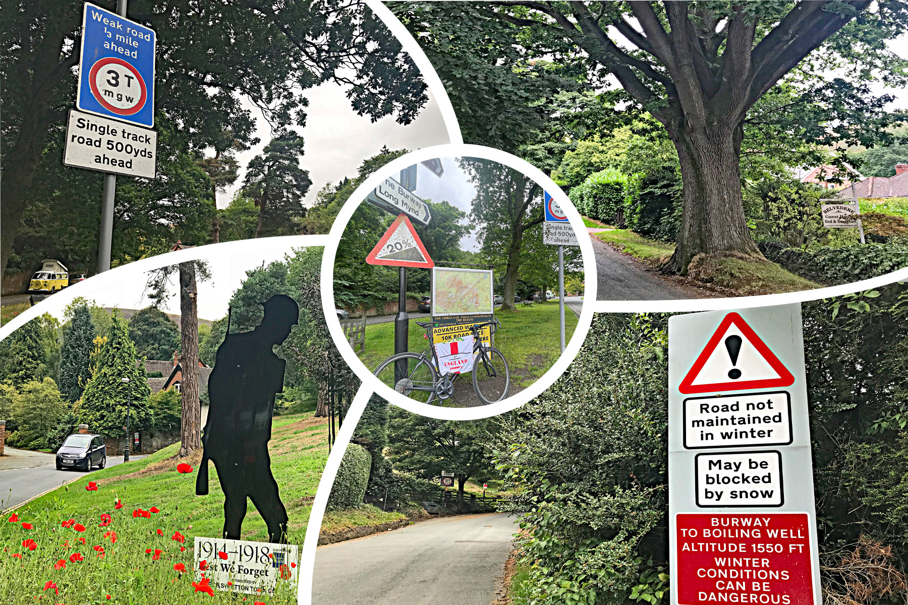 Cycling The Burway, Church Stretton, Wales photo collage show roadway signs warning of 20% grade, road not maintained in winter, single track road