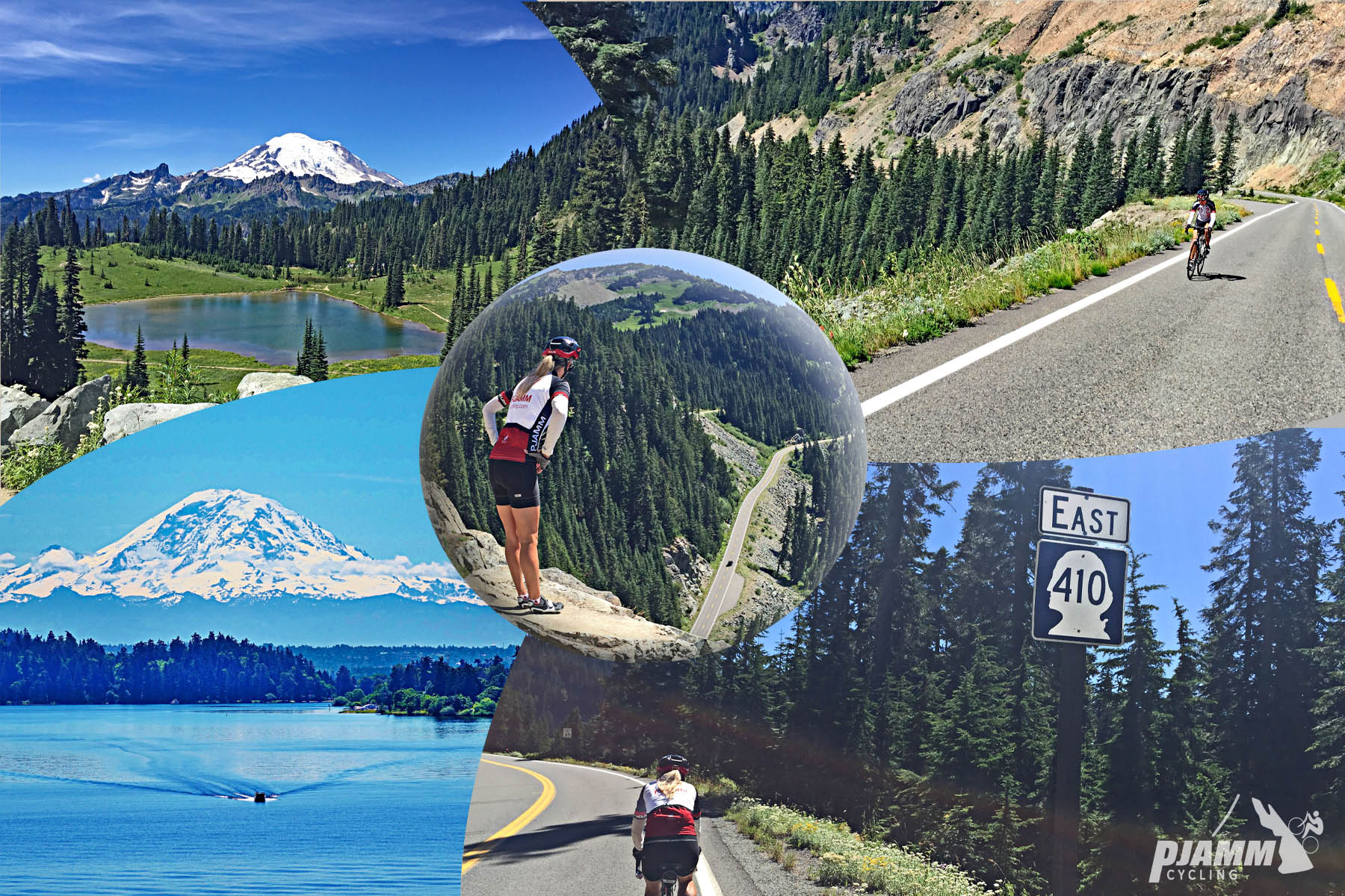 Cycling Chinook Pass, Washington - photo collage, Mt. Rainier from afar with reflection in water, cyclist riding next to road sign for 410 East, person looking over rock formation down on road far below, PJAMM Cycling logo in corner