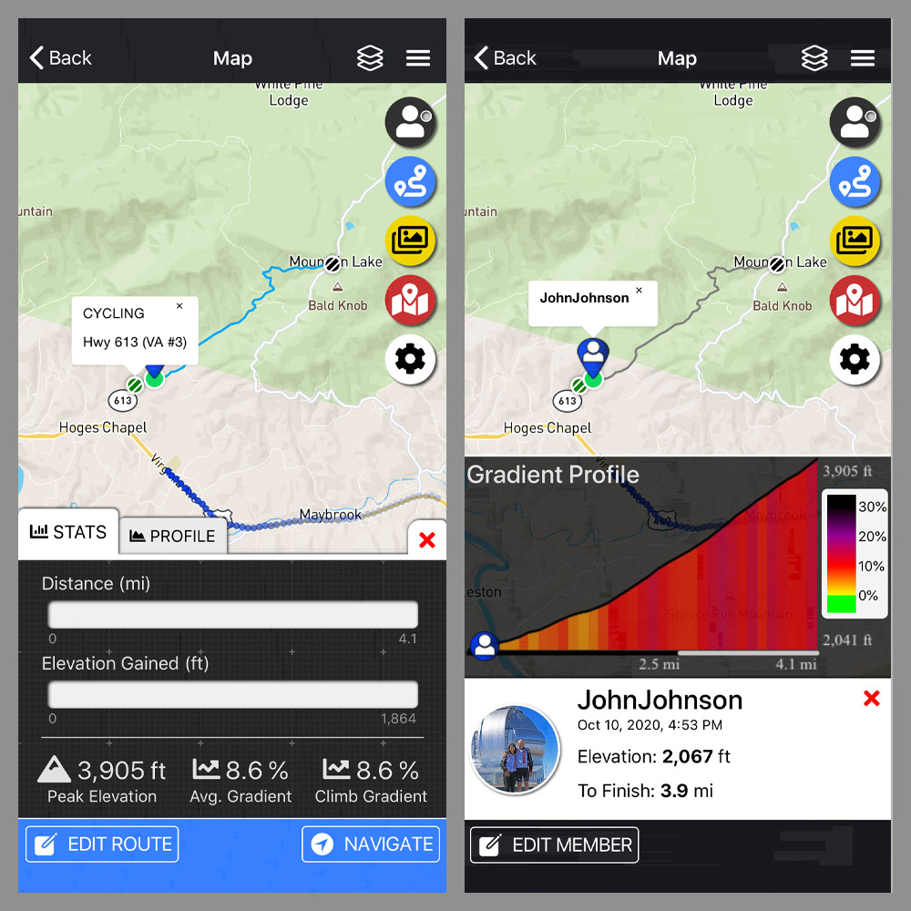 Cycling Doe Creak Road, Route 613, Virginia Cycling Doe Creak Road, Route 613, Virginia - PJAMM Adventure App showing climb gradient and profile
