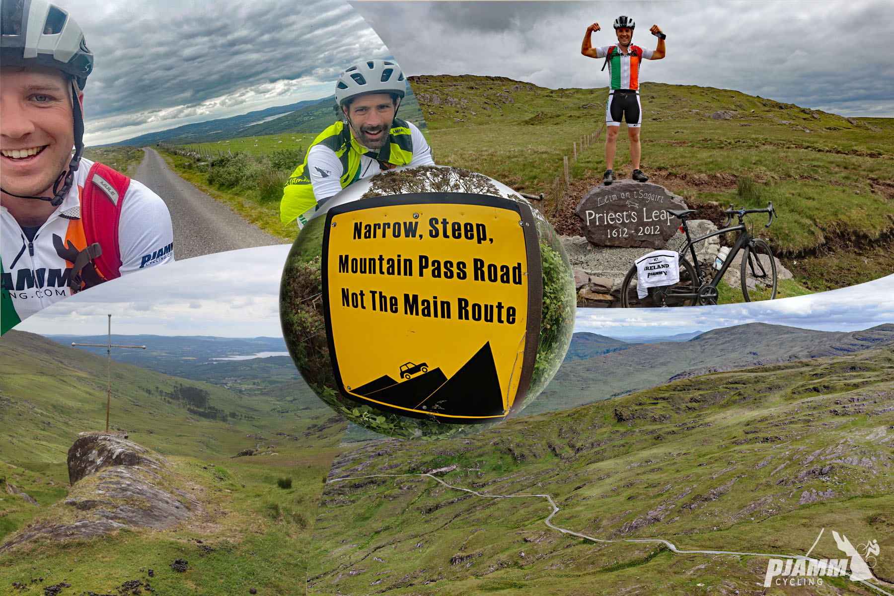 photo collage shows PJAMM Cyclists riding Priest's Leap South; yellow sign warns "Narrow, Steep, Mountain Pass Road, Not the Main Route"