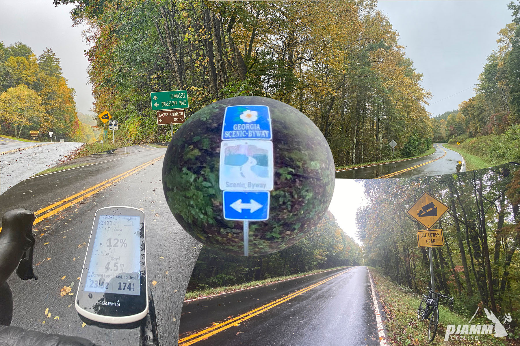 Cycling Jacks Gap South, Georgia - Garmin device reading 12% grade, wet, slick roadways, sign for Georgia Scenic Byway