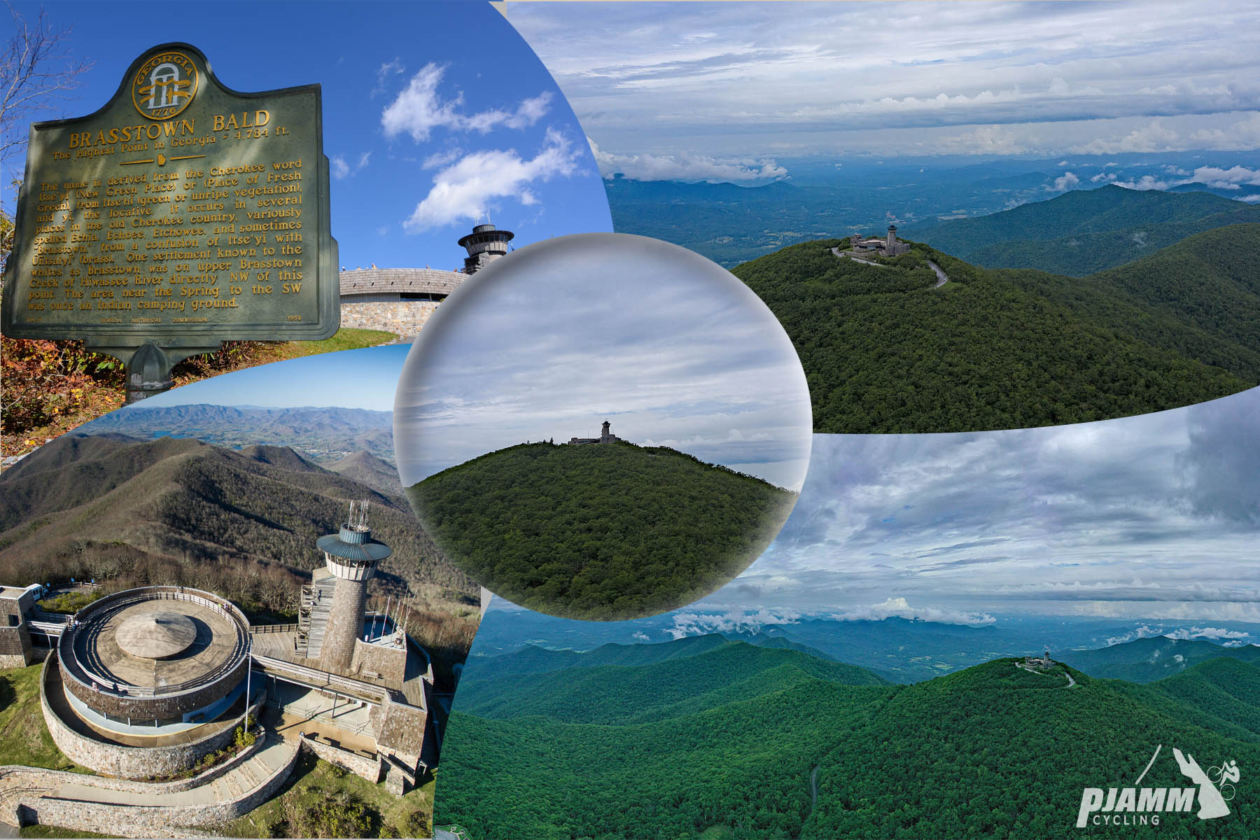 Cycling Brasstown Bald, Georgia - photo collage, PJAMM Cycling logo in corner, sign for Brasstown Bald, aerial drone views of Brasstown Bald Observation Tower and complex