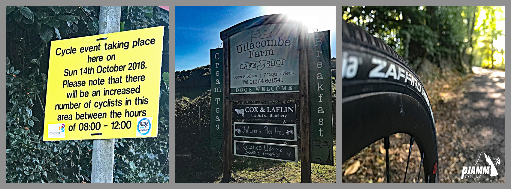 Cycling Haytor Vale - photo collage, sign for Cycling Event taking place, sign for Ullacombe Farm Café and Shop, close up view of bike tire on tree-lined lane, PJAMM Cycling logo in corner