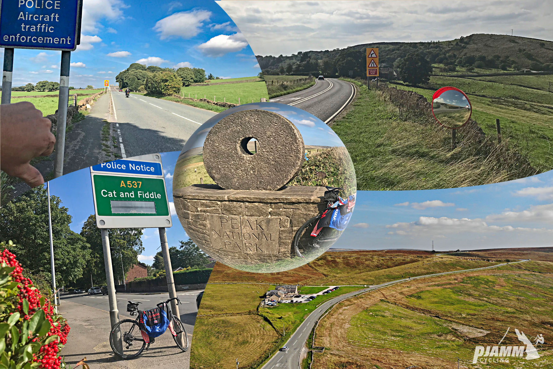 Cycling Cat & Fiddle, England - photo collage, road signs noting Police Notice - Aircraft Traffic Enforcement along roadways, long stretches of roadway throughout green pastureland, large stone circular monument, PJAMM Cycling logo in corner