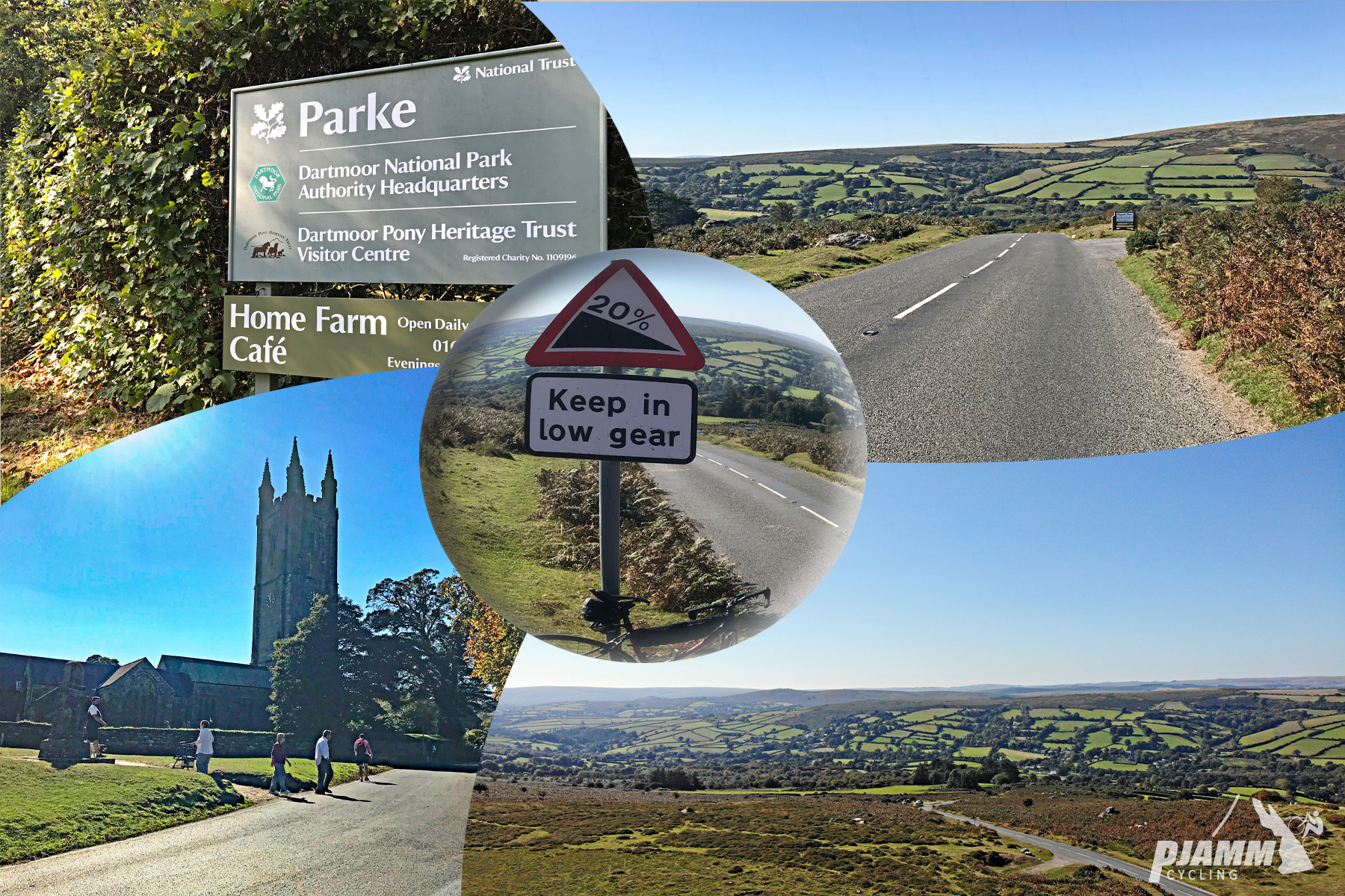 Cycling Widecombe - photo collage, sign for Dartmoor National Park, road sign noting 20% grade, keep in low gear, panoramic views of pastureland from above, church steeple, PJAMM cycling logo in corner