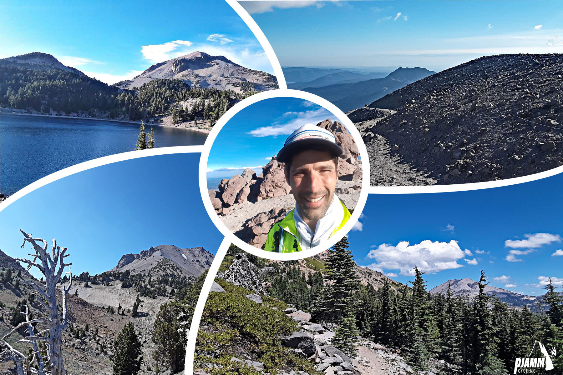Cycling Mt. Lassen North, California - photo collage, PJAMM Cycling logo in corner, deep blue lake surrounded by mountains, views of mountainous terrain, evergreen trees on rocky ground along hillside, selfie of Taylor Hocket on summit