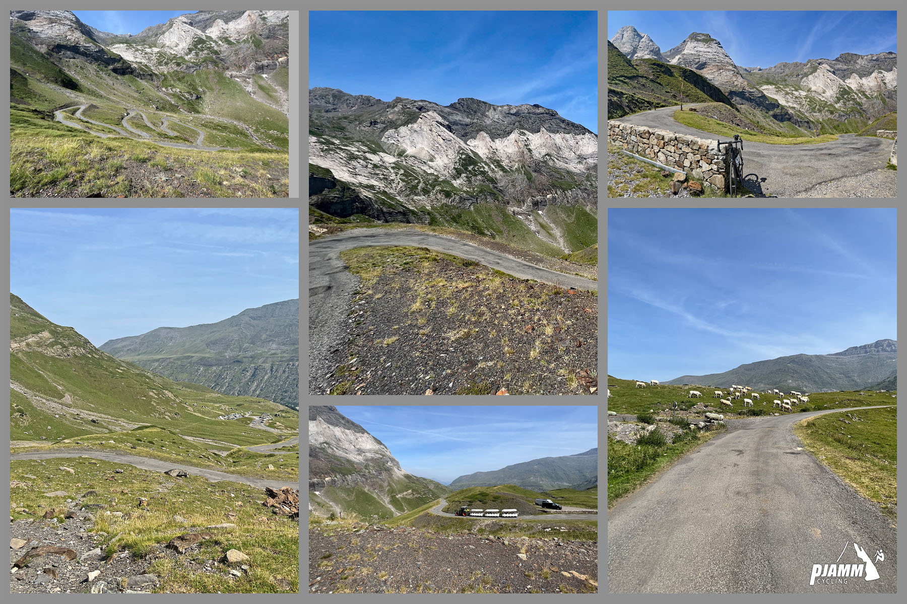 photo collage shows hairpin turns on the way to top of climb