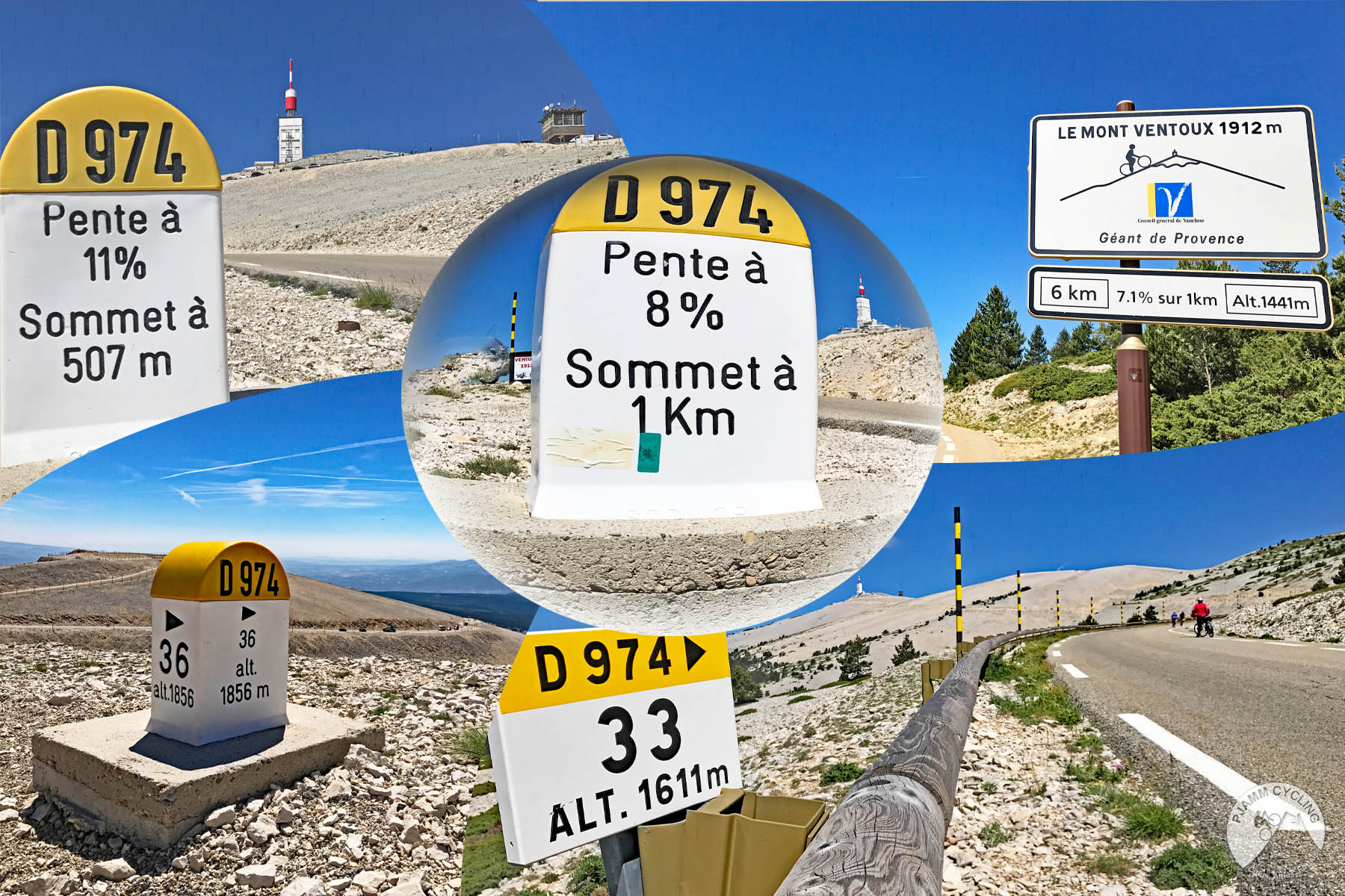 photo collage shows yellow and white km markers along the route