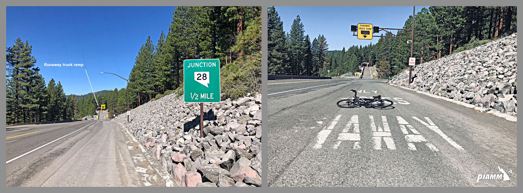 Cycling Mt. Rose from Incline Village (west; Lake Tahoe) - bike parked in center of highway roadway, runaway truck ramp, sign for Junction of highway 28