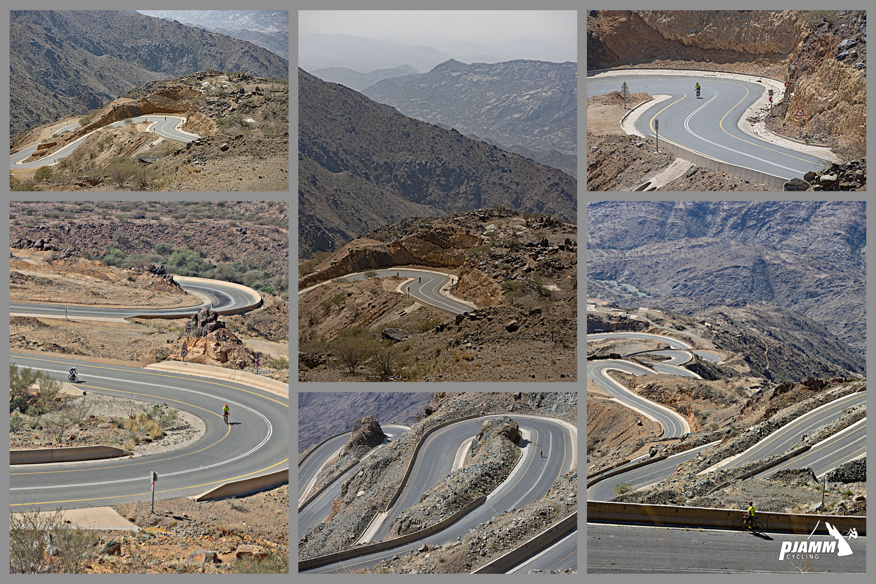 Cycling Bashout Pass, Saudi Arabia - photo collage highlights hairpins on this climb