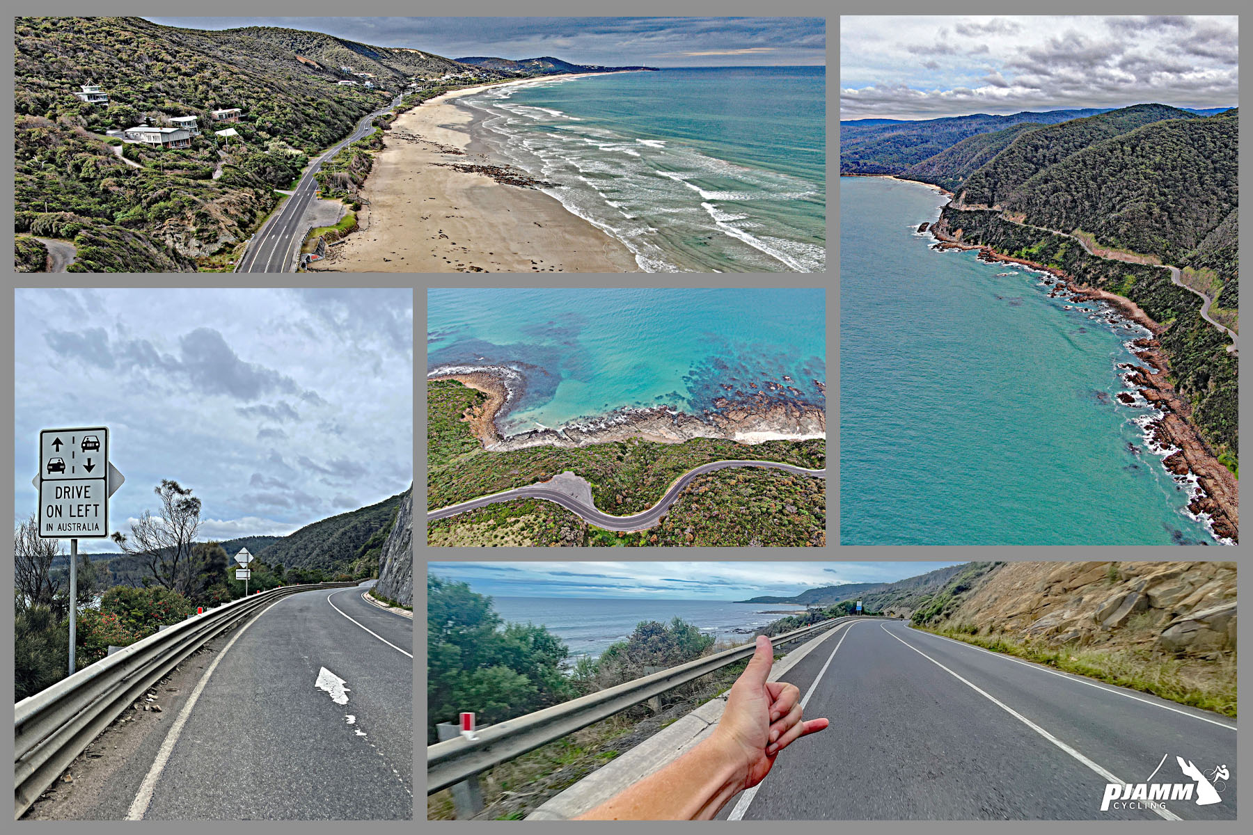 photo collage shows more aerial drone views of roadway winding along gorgeous coastline, bright blue water