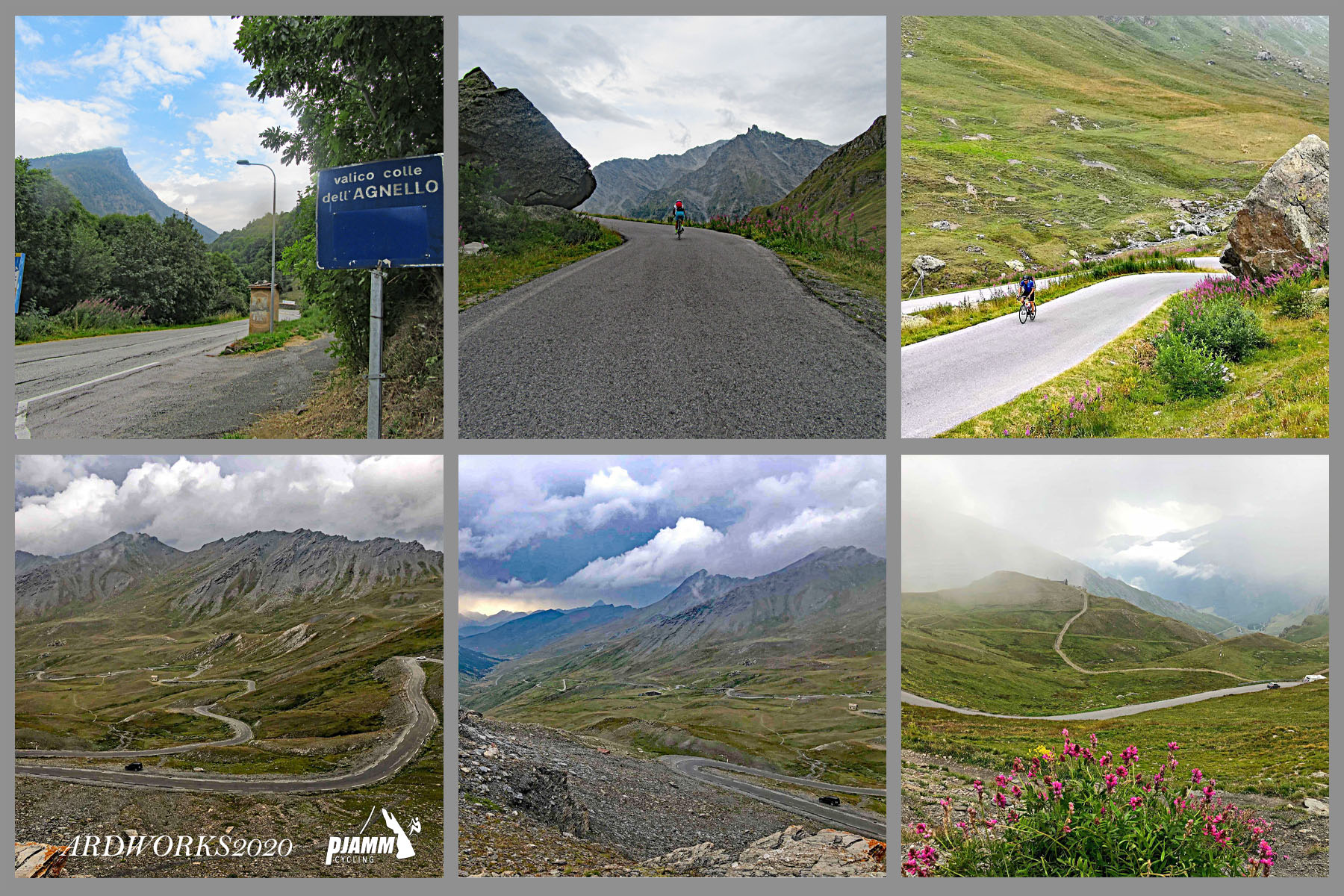 Cycling Colle dell’Agnello, France and Italy - photo collage, Cottian Alps, French Alps, Italian Alps, roadway snaking through mountainsides, green pastures, pink flowers, road sign for Agnello, PJAMM Cycling logo in corner