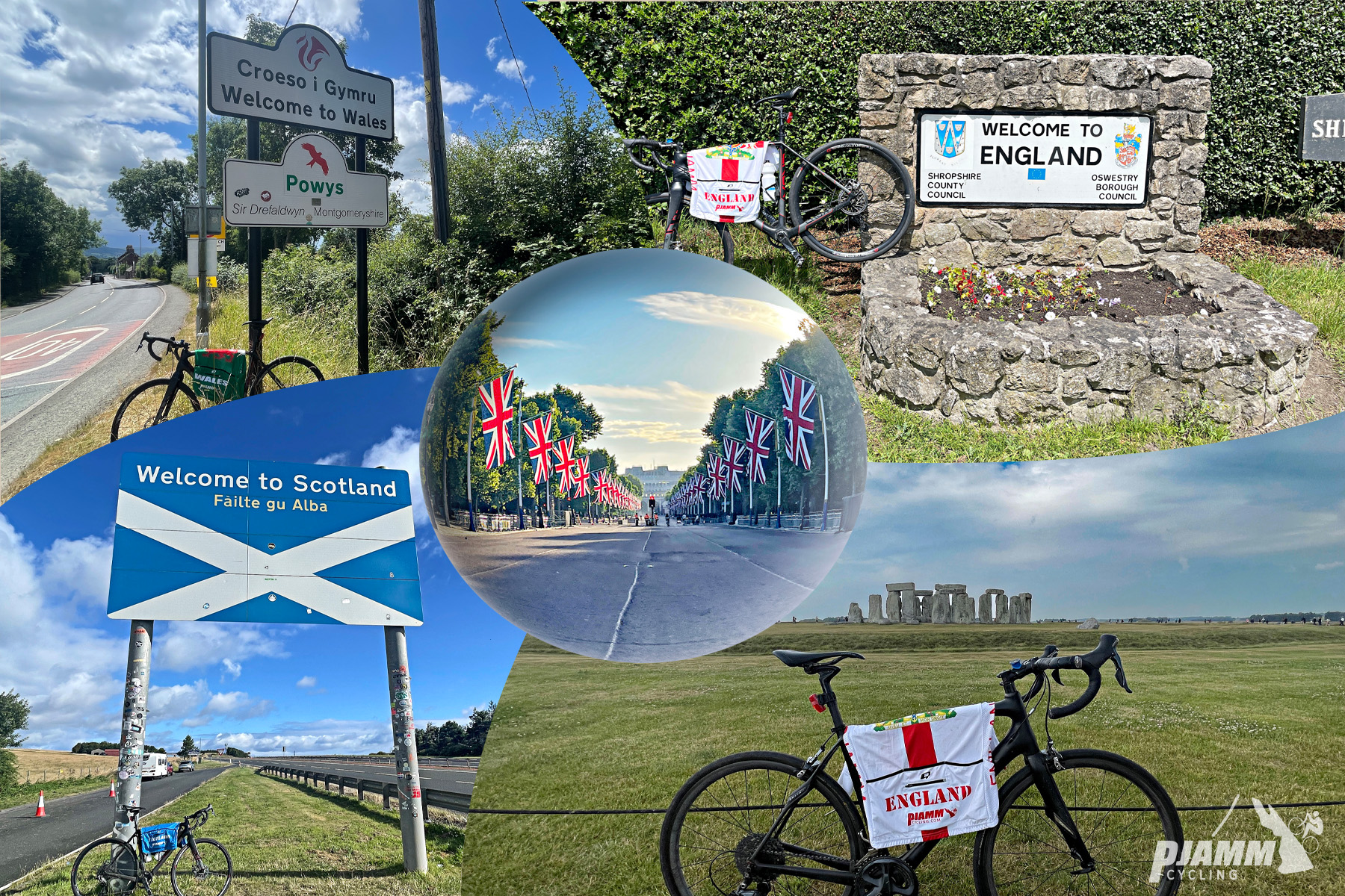 UK's Top 10 Bike climbs photo collage shows bike parked in front of signs reading: Welcome to England, Welcome to Scotland, andWelcome to Wales; street lined with British flags