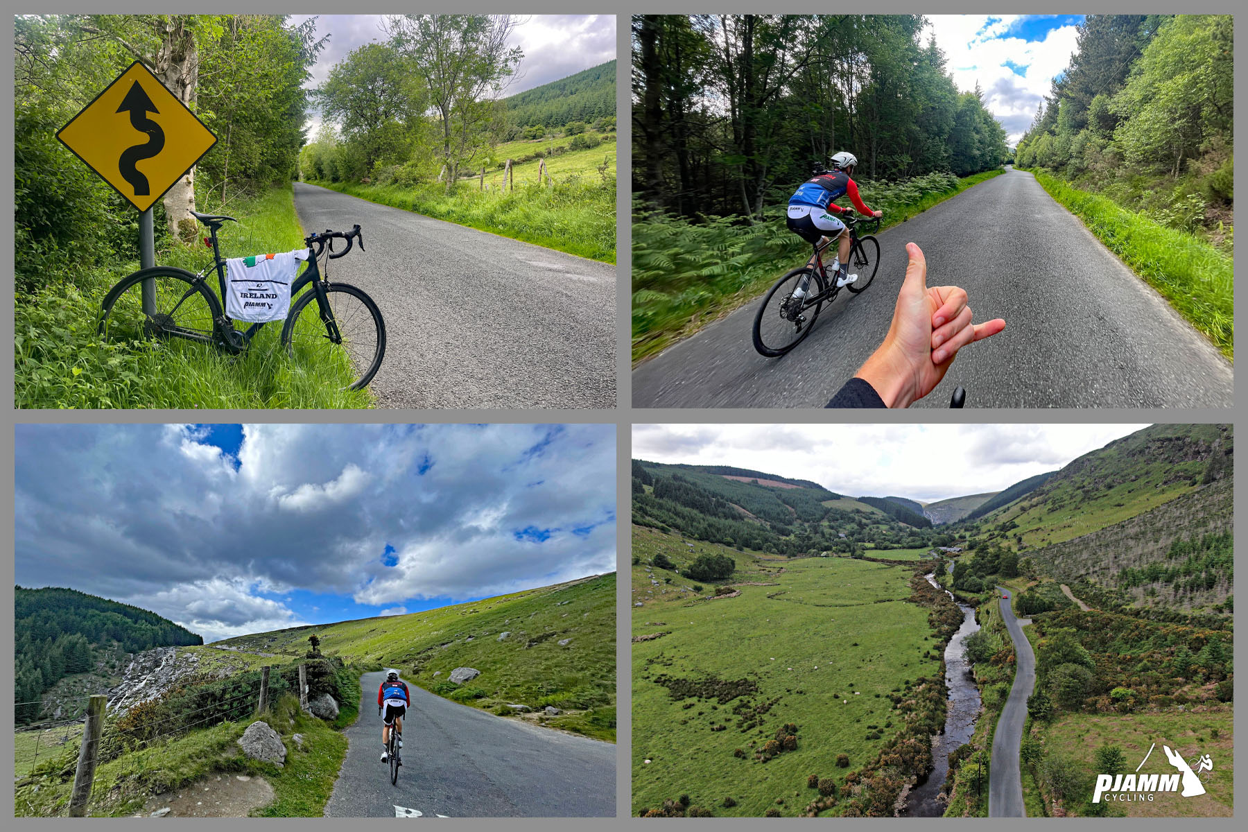 photo collage shows bike parked next to road sign warning of winding road, PJAMM Cyclist ride on straight roadway surrounded by trees and pastureland; aerial drone view shows road running parallel to river
