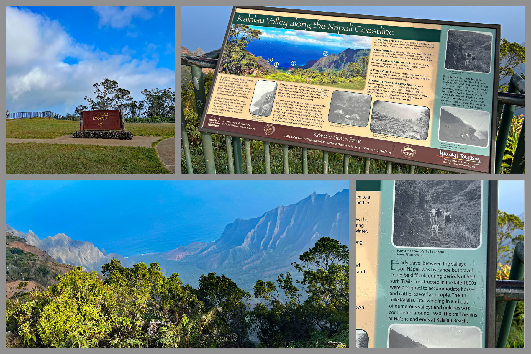 photo collage shows views and informational signs at Kalalau Valley Lookout