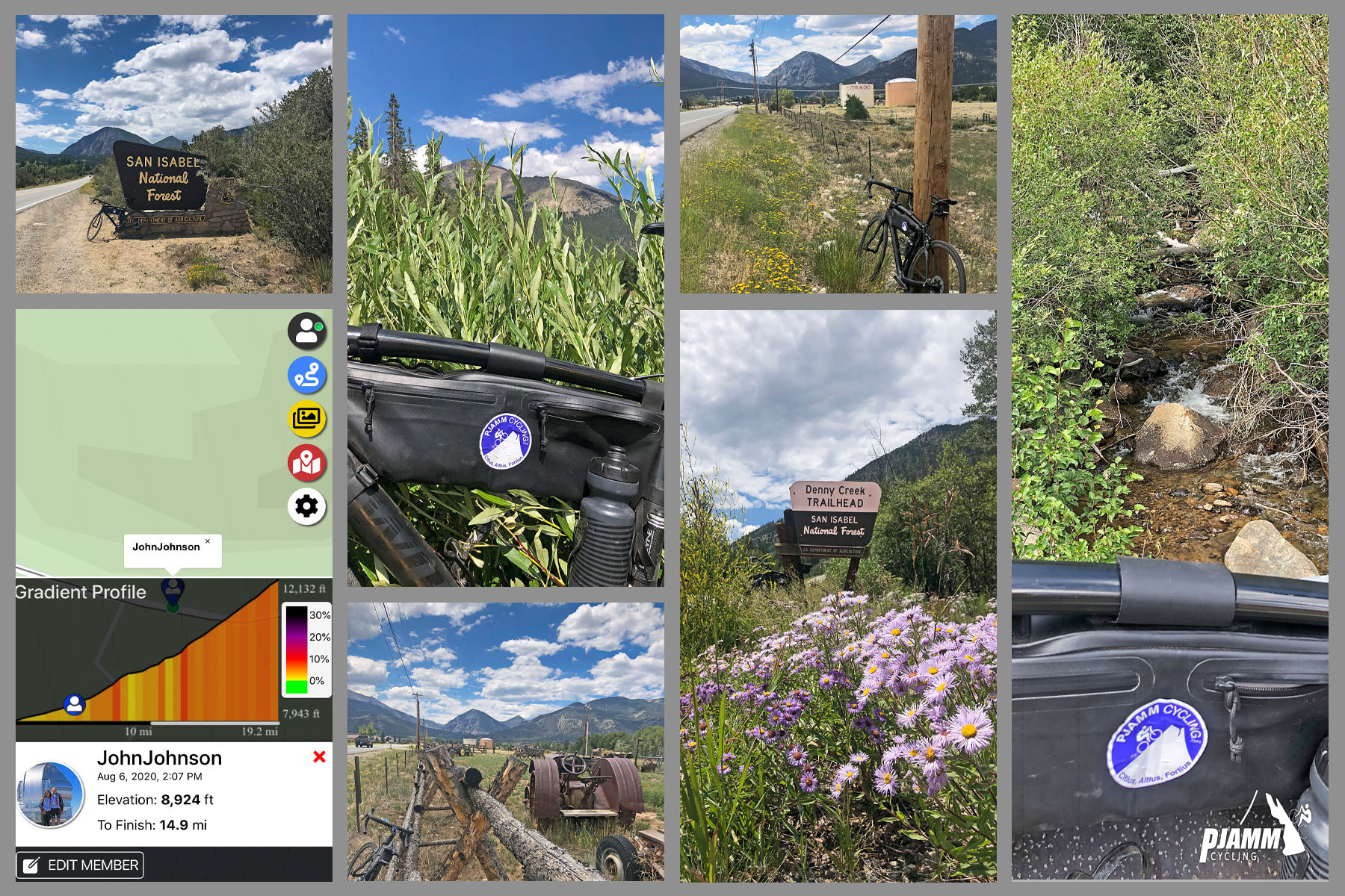 Cycling Cottonwood Pass, Colorado - photo collage, PJAMM Cycling logo in corner, climb map and gradient, San Isabel National Forest in spring, lots of wildflowers and greenery