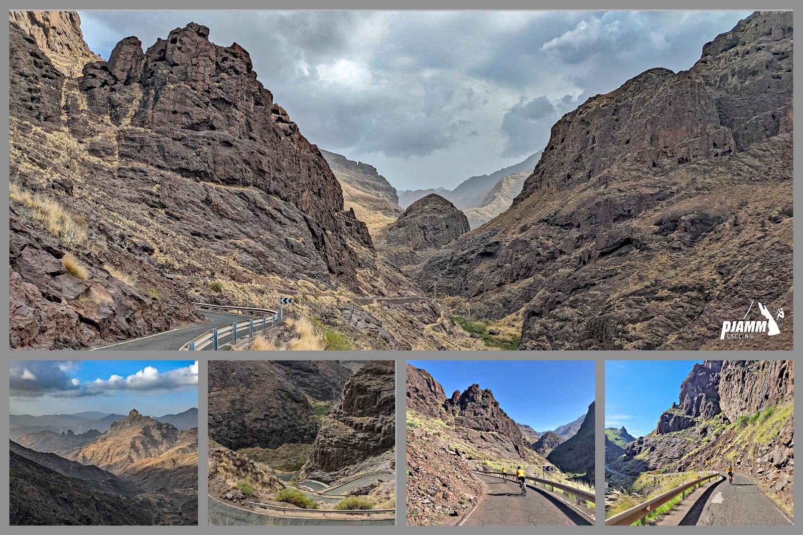 photo collage shows stunning volcanic rock formations in the mountainsides along roadway