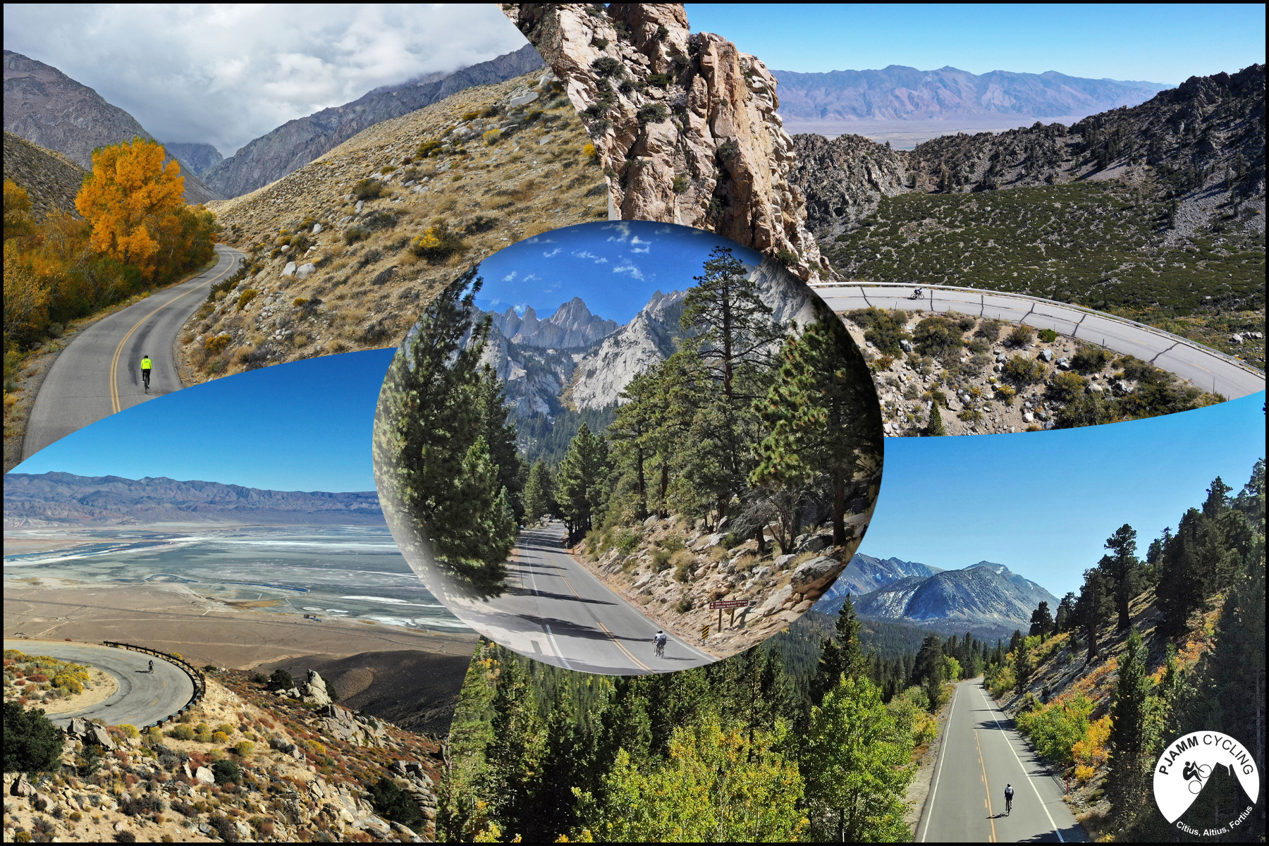 Owens Valley, California - Top Climb Area Photo collage - aerial drone photos of PJAMM Cyclist on stretches of road along the Pine Creek, Onion Valley, Rock Creek, Horseshoe Meadows, and Whitney Portal climbs