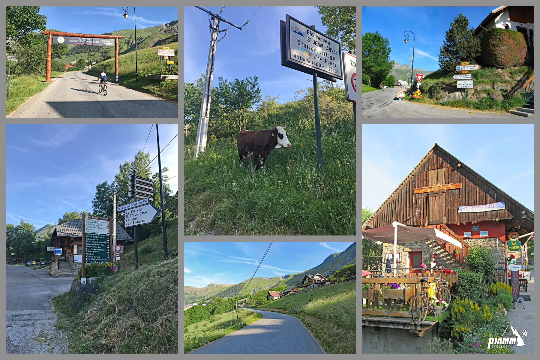 Cycling Col d la Croix de Fer from Saint-Jean-de-Maurienne - photo collage; Saint Sorlin-d'Arves ski area; cattle graze in tall grass next to road
