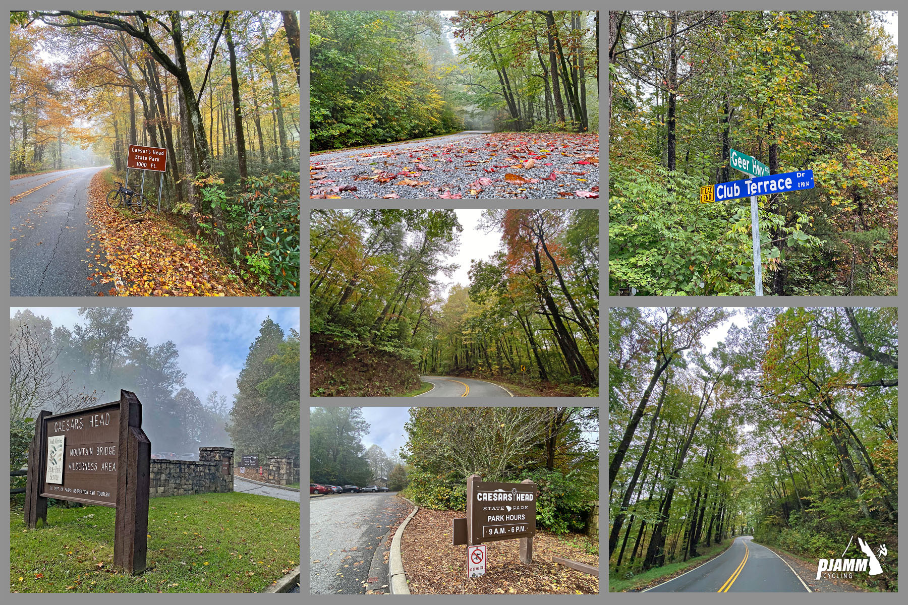 Cycling Caesars Head, South Carolina - photo collage,  densely tree-lined two-lane roadway, fall foliage and greenery, signs for Caesars Head Park, PJAMM Cycling logo in corner
