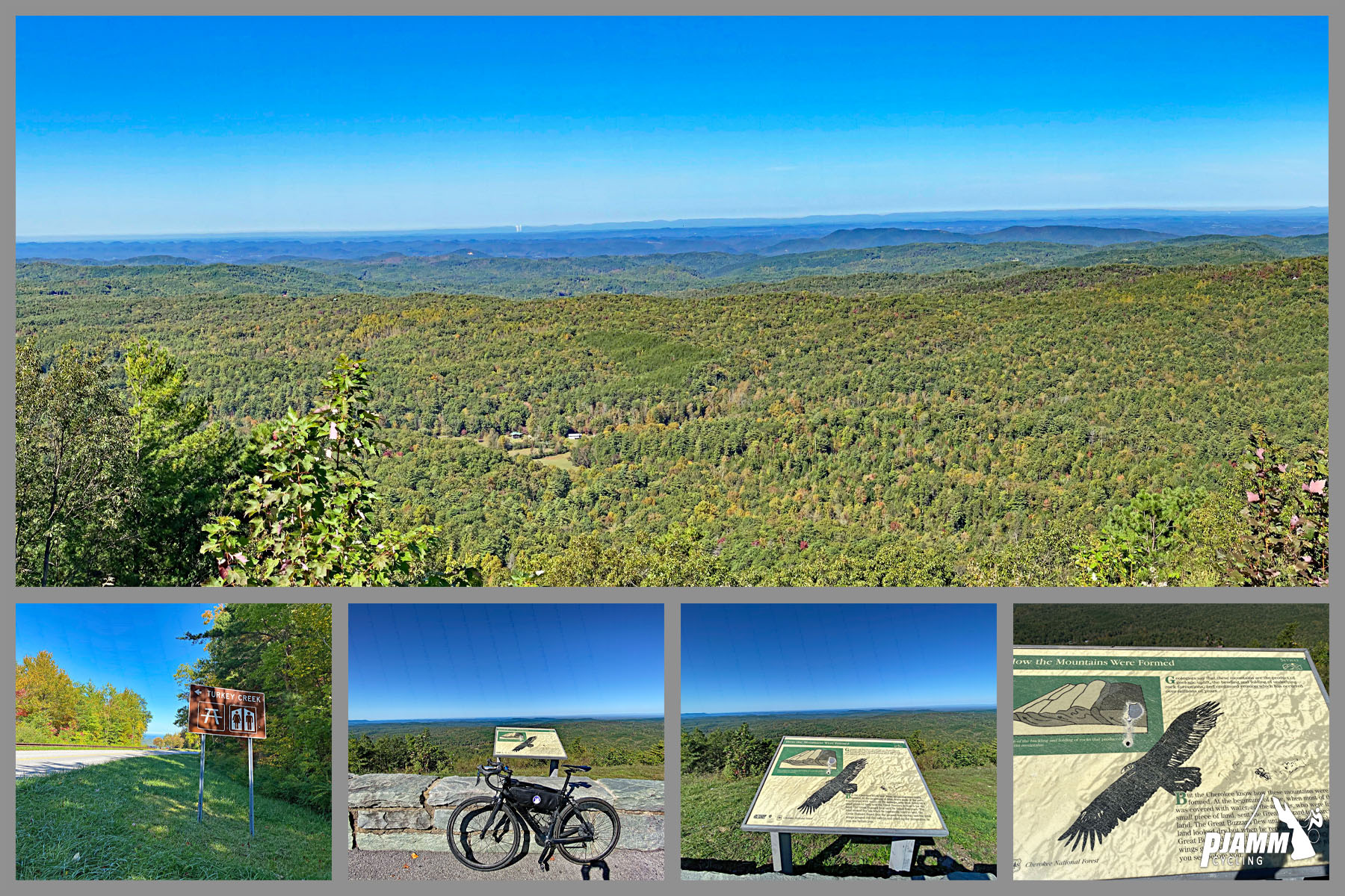 Cycling Cherohala Skyway, Tennessee - panoramic views overlooking dense forestation 