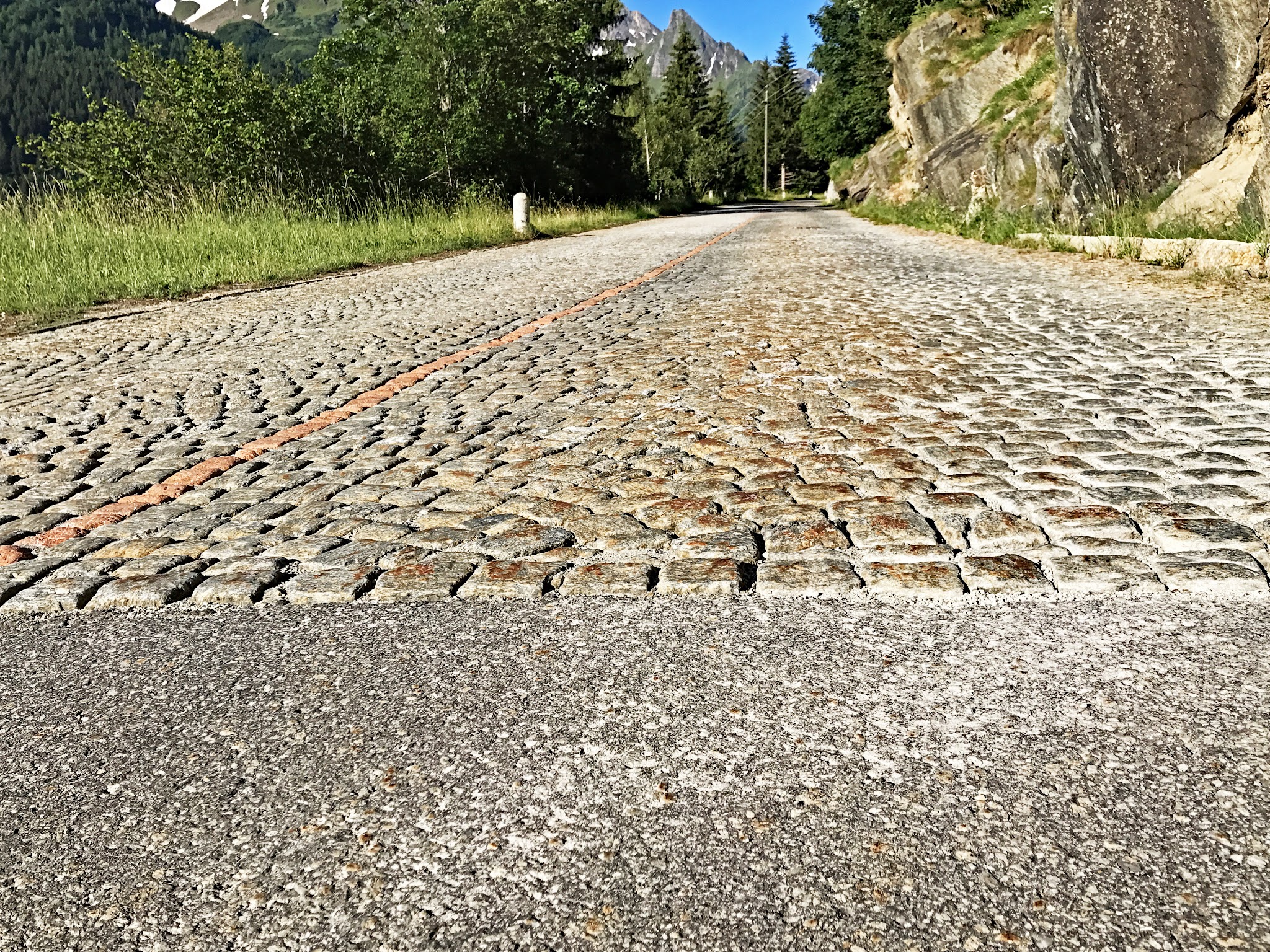 start of the cobble stones on Switzerland's Gotthard Pass bike climb