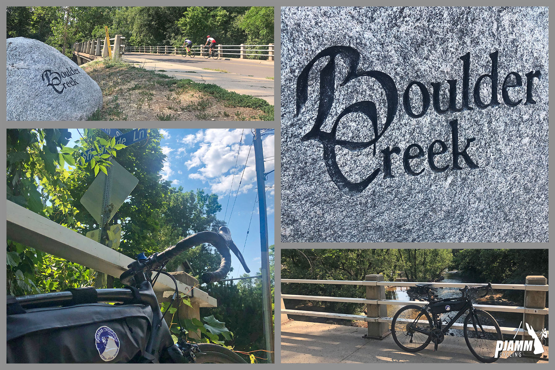 Cycling Flagstaff Road, Boulder, Colorado - photo collage, PJAMM Cycling logo in corner, large stone with "Boulder Creek" etched into it, bike parked along bridge over a creek