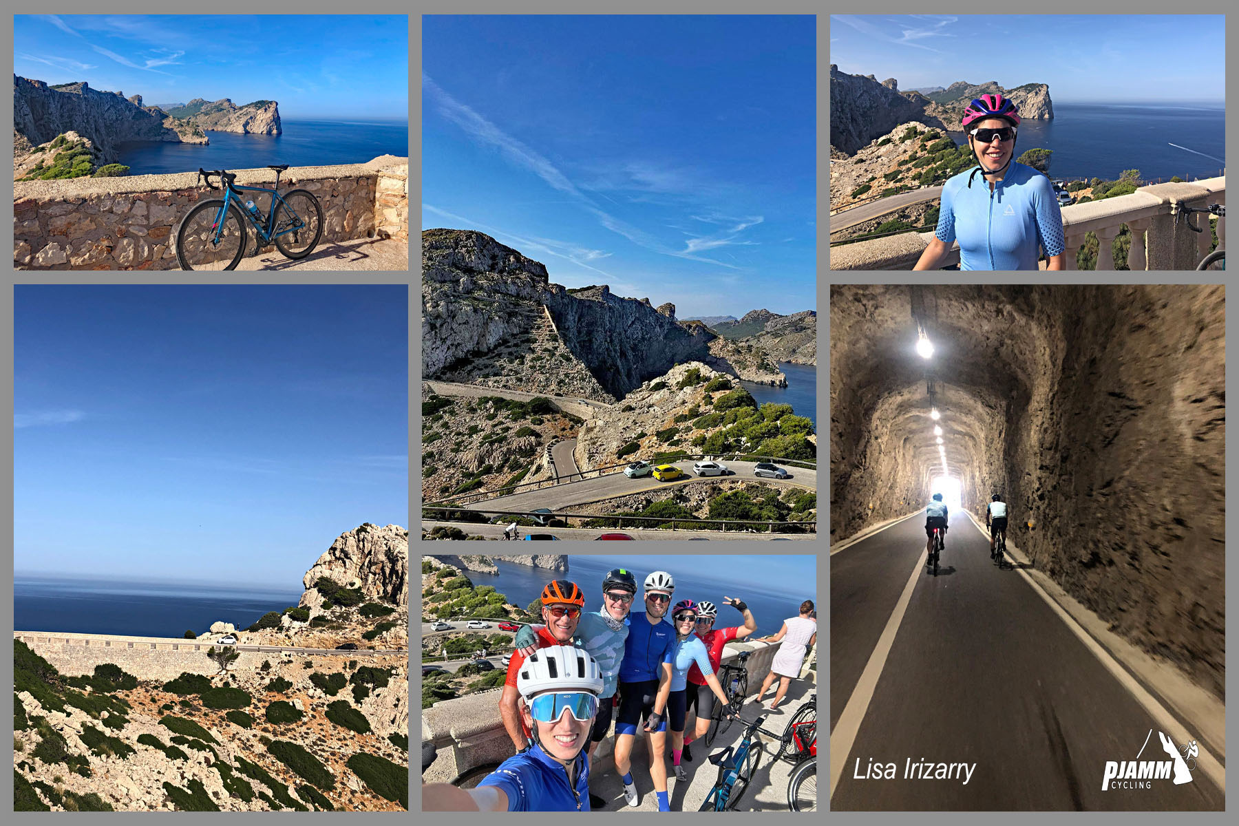 photo collage shows PJAMM Cyclists riding along Cap de Formentor climb, through Tunnel Rocoso