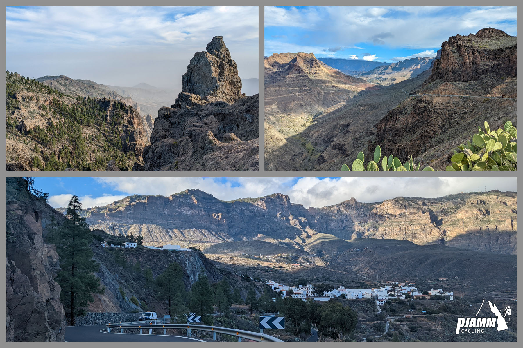 photo collage shows beautiful rock formations along the climb; cacti growing along roadway