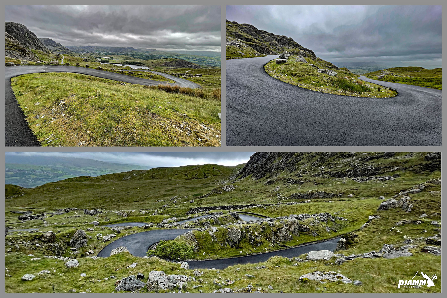 photo collage shows hairpin turns at top of climb